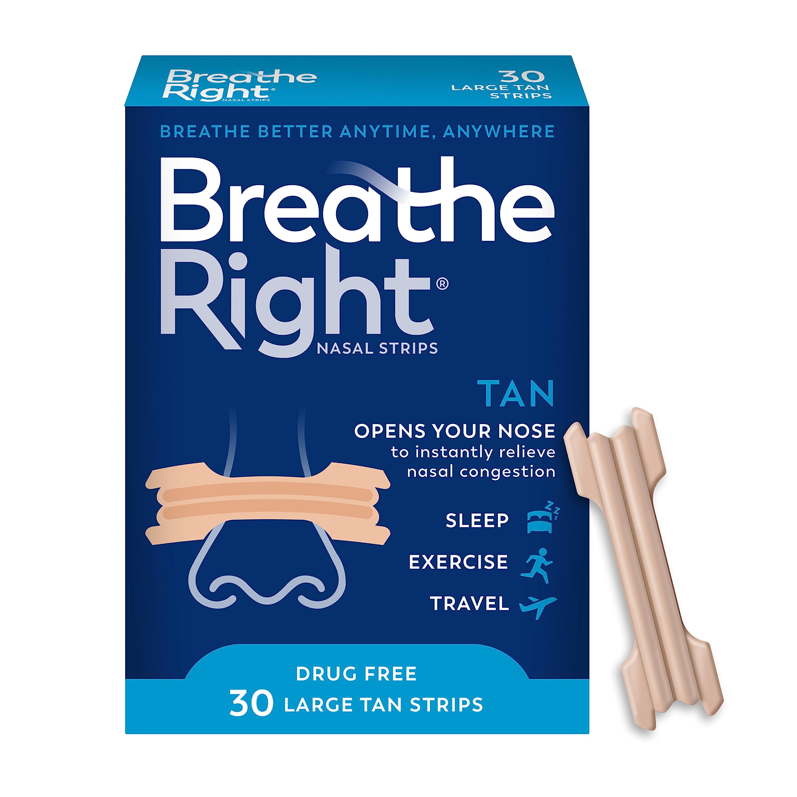 Breathe Right Nasal Strips, Large, Tan, 30 ct