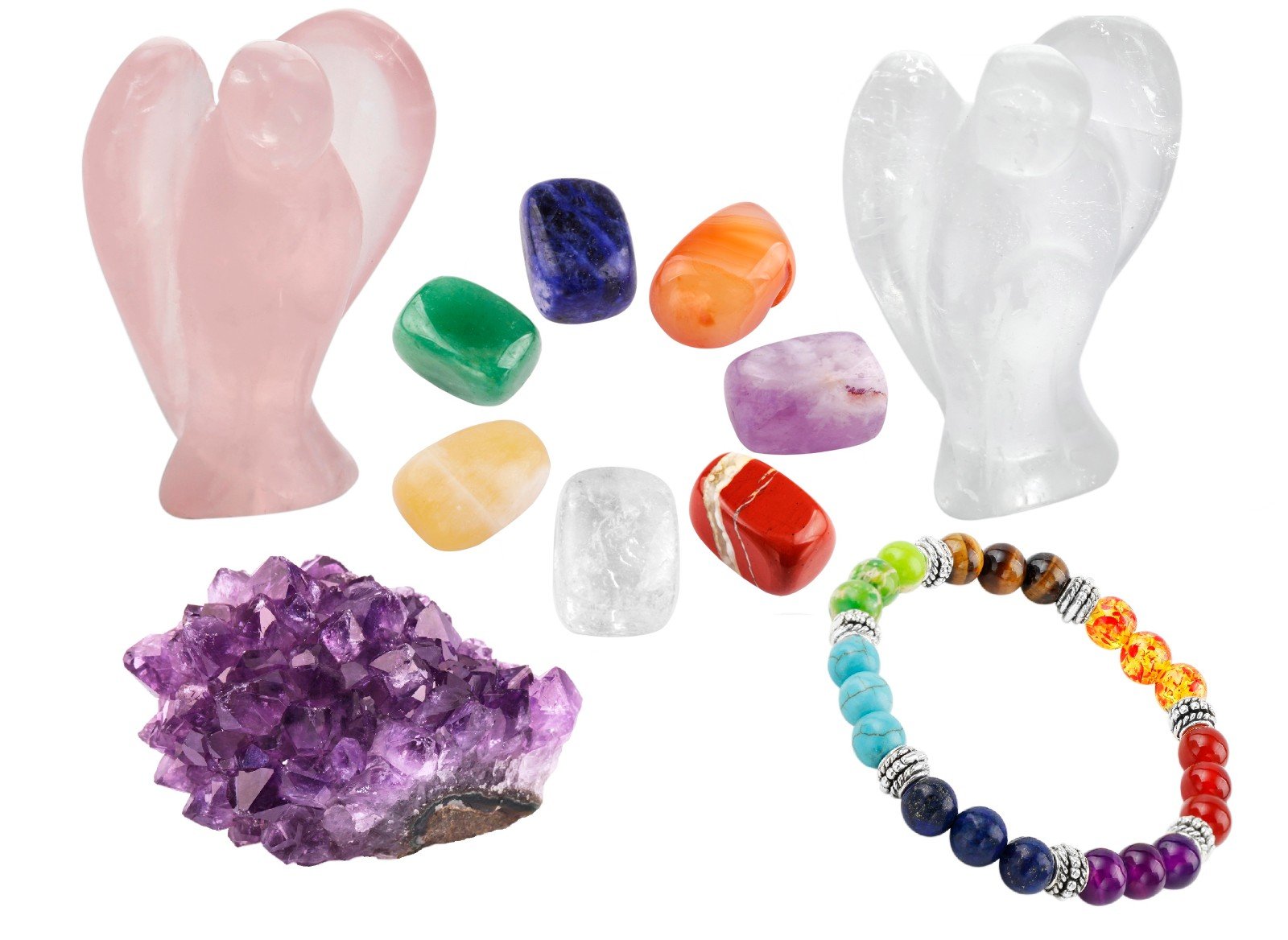 Rockcloud Healing Crystal Kit,Rock Crystal,Rose Quartz Guardian Angel,Palm Stones,Natural Raw Amethyst Cluster,7 Chakra Bracelet