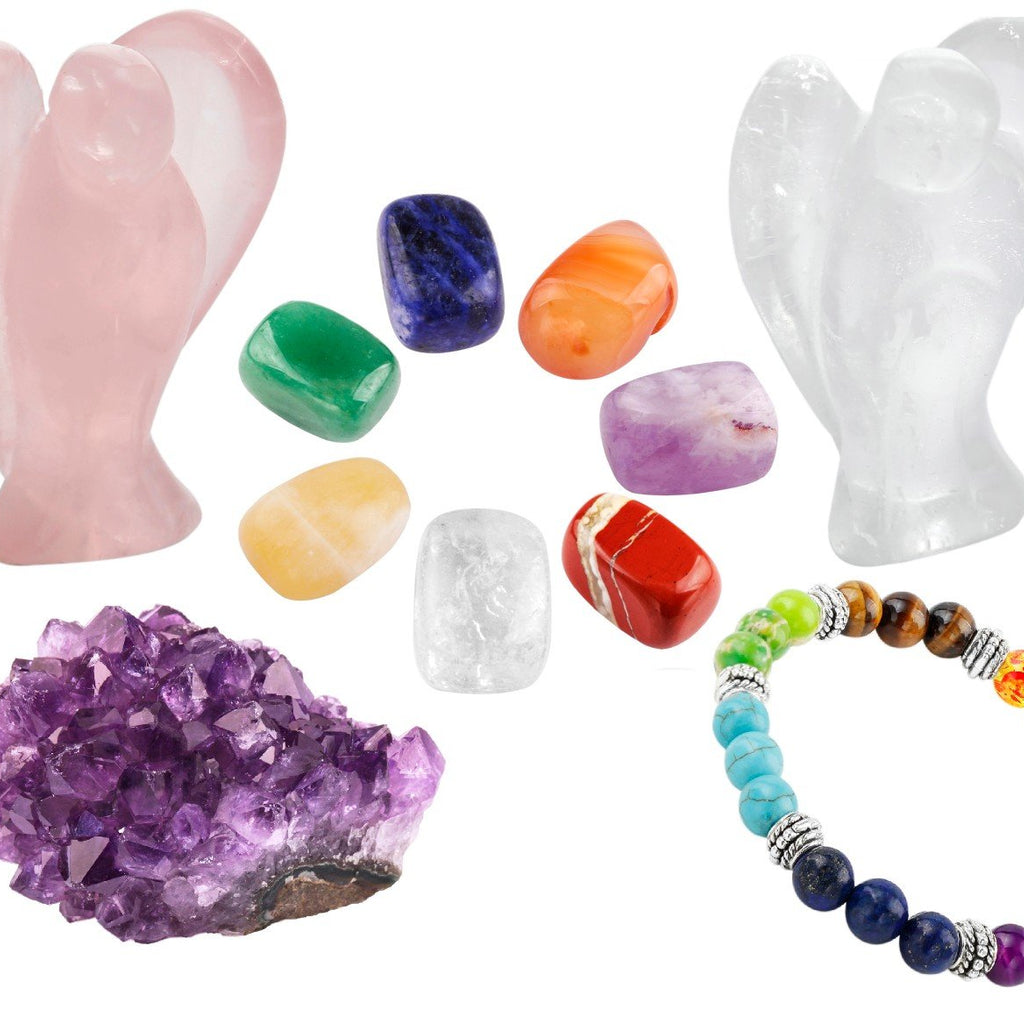Rockcloud Healing Crystal Kit,Rock Crystal,Rose Quartz Guardian Angel,Palm Stones,Natural Raw Amethyst Cluster,7 Chakra Bracelet
