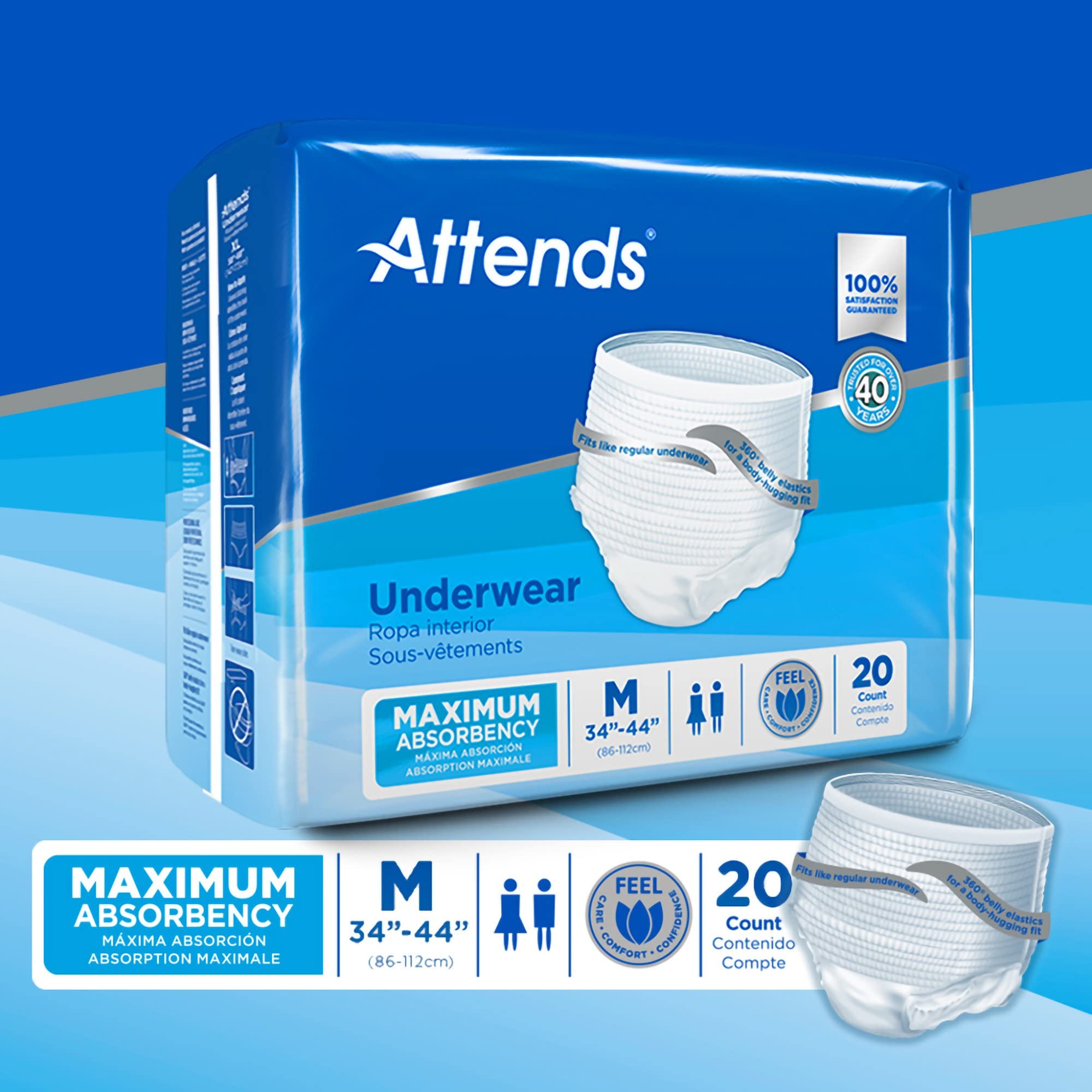 Attends Protective Underwear with DermaDry Technology for Adults Incontinence Care, Medium, Unisex, White, 80 Count, Pack of 4