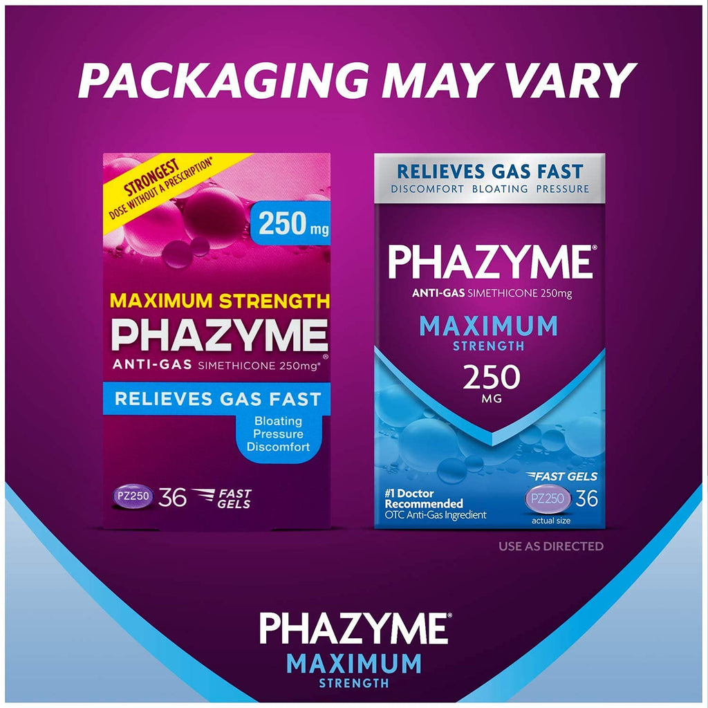 Phazyme Maximum Strength Gas & Bloating Relief, Works in Minutes, 36 Fast Gels (Pack of 1)