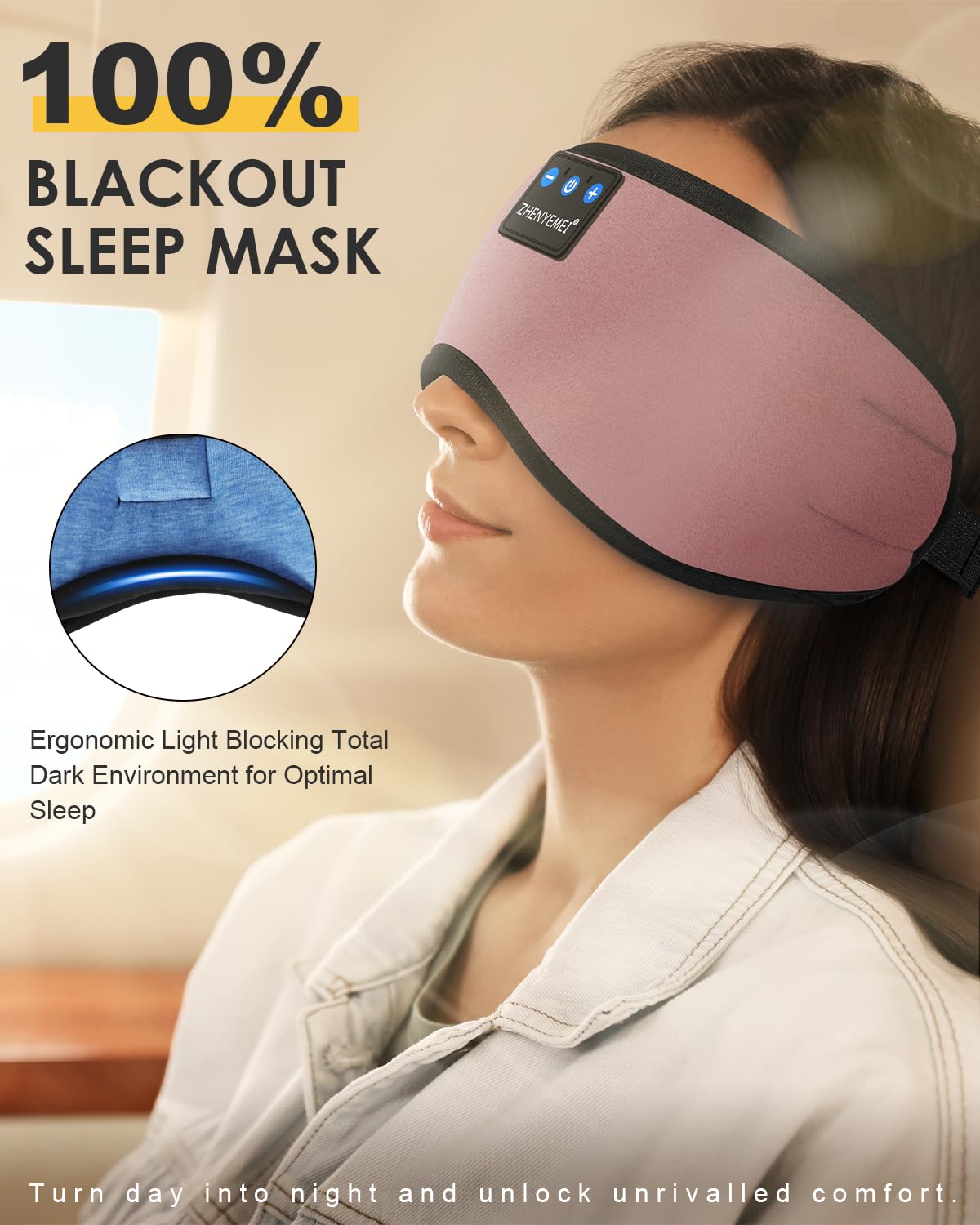 Bluetooth Sleep Mask Headphones 3D Deep Eye Mask with Headphones,Can Play 14 Hours Breathable 100% Blackout Sleeping Mask for Tr