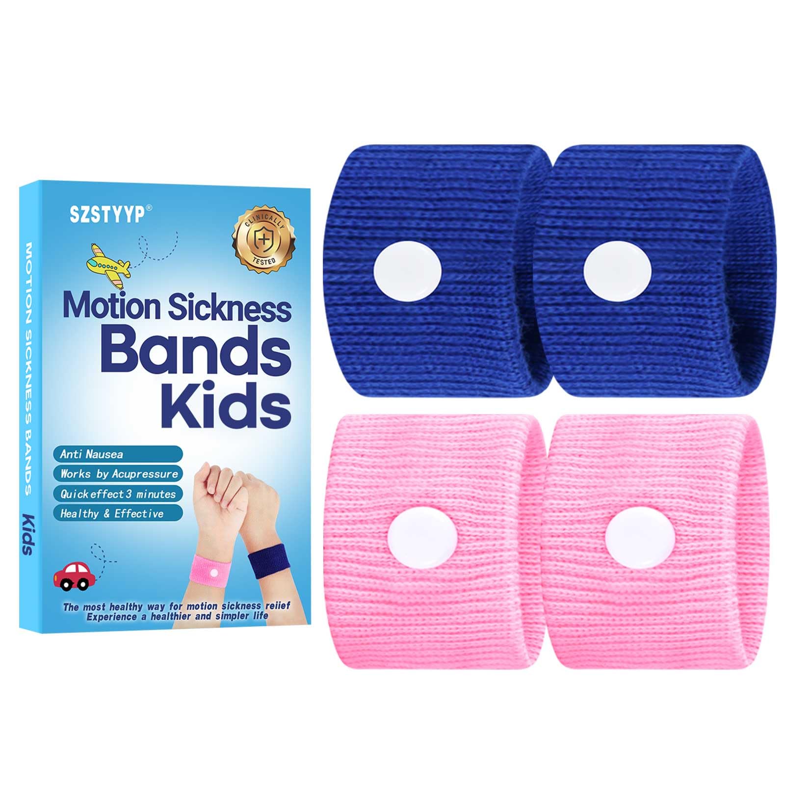 SZSTYYP Motion Sickness Bands for Kids, Travel Sickness Relief Wristbands, Anti-Nausea Wristbands for Car Sickness(Pink and Blue