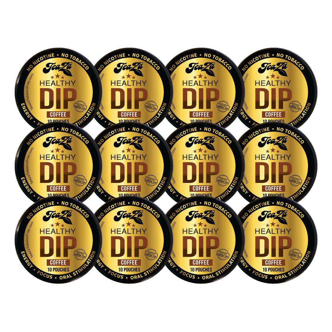 TeaZA Herbal Dip Coffee Pouches -Nicotine Free, Tobacco Free - Made with Green Tea Caffeine Energy Pouches (12 Pack)
