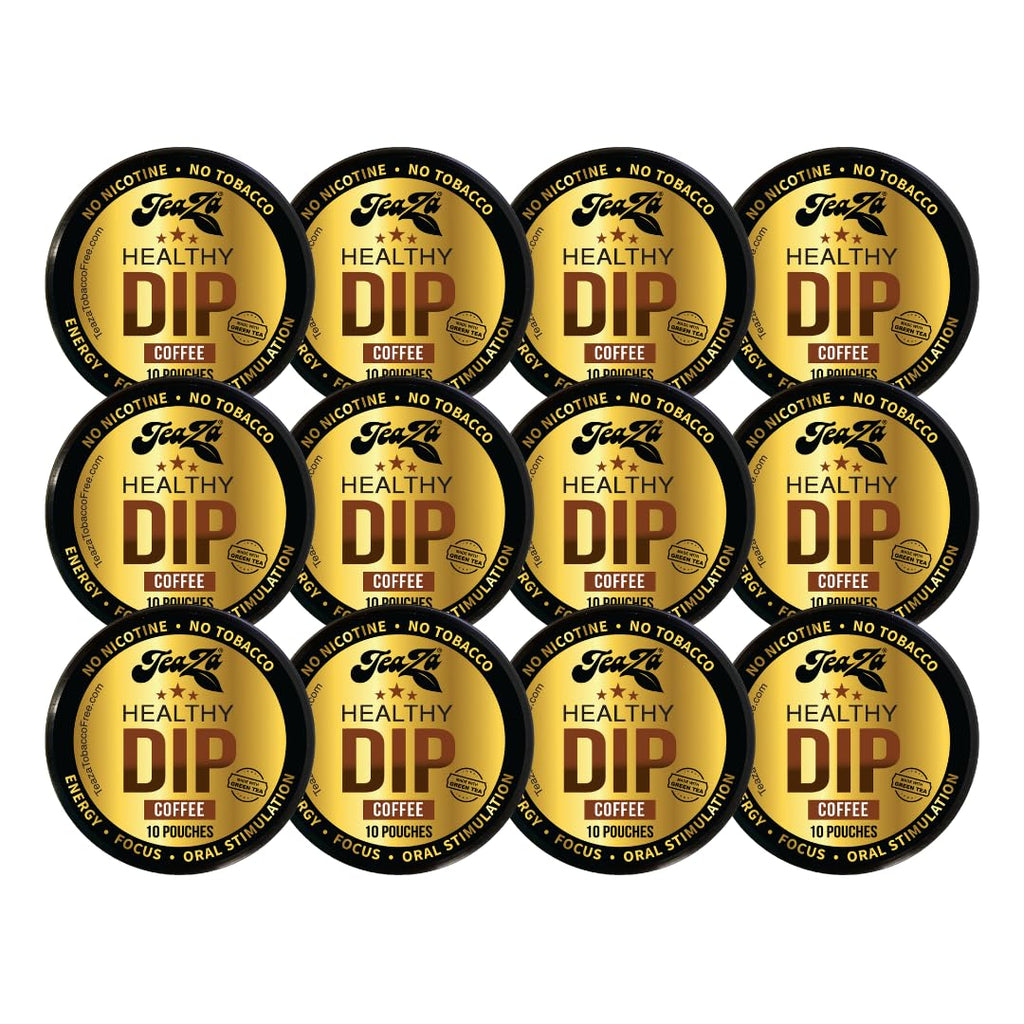 TeaZA Herbal Dip Coffee Pouches -Nicotine Free, Tobacco Free - Made with Green Tea Caffeine Energy Pouches (12 Pack)
