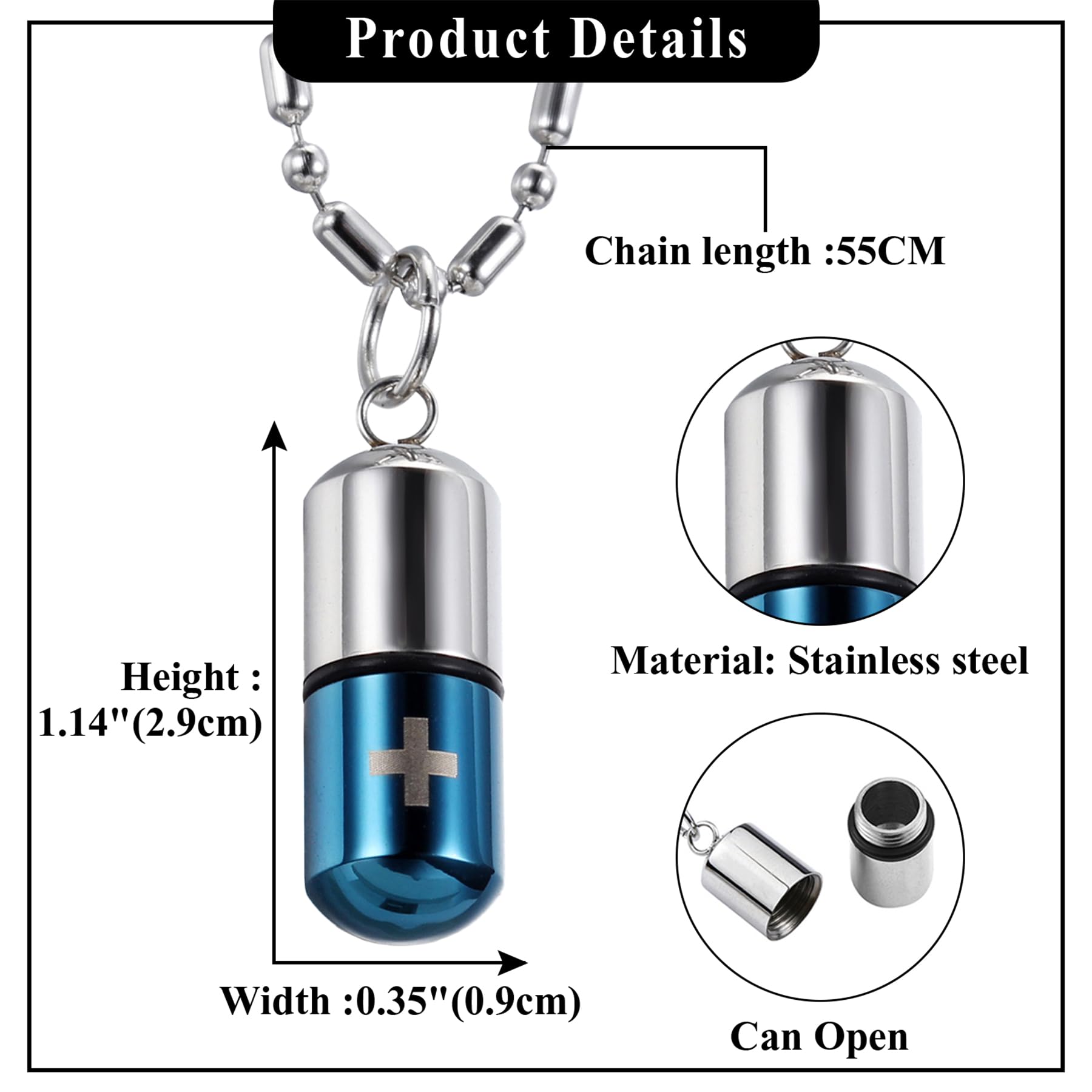OIDEA Stainless Steel Pill Case Capsule Cross Medicine Keepsake Pendant Necklace Mens Unique Pendant Necklace for Women,Silver a