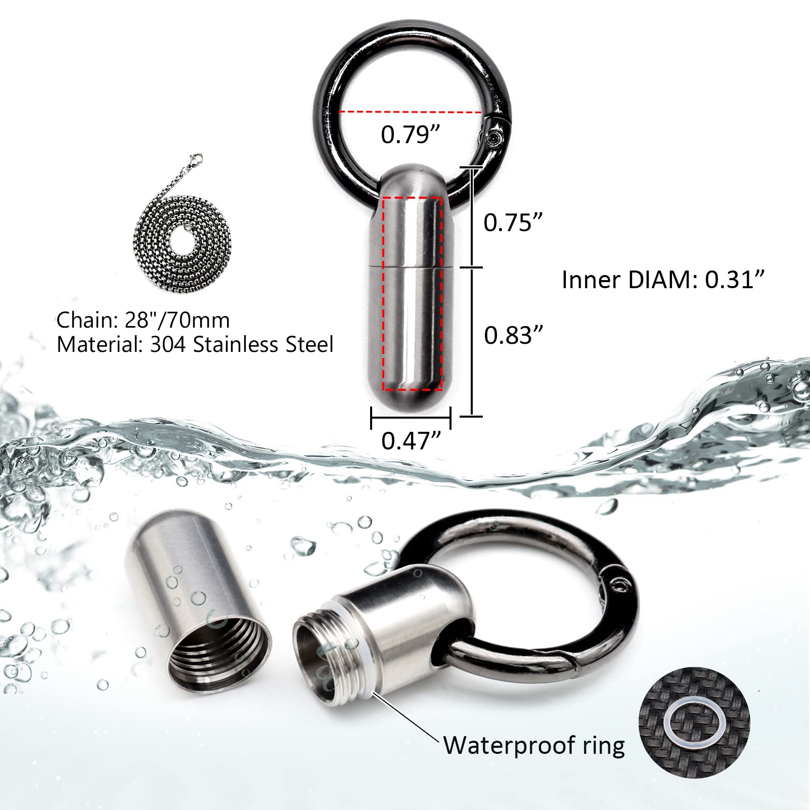 Small Pill Box Necklace Titanium Mini Pill Case W/ 28 Rolo Chain Necklace Tiny Pill Fob for Men Waterproof Pill Holder Emergency