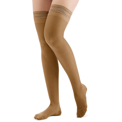 Collections Etc Thigh High Compression Stockings, Firm (20-30 mmHg), Closed Toe - Made in USA, Beige, Large - Made in The USA