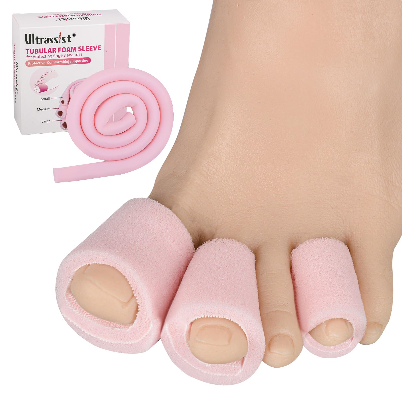 Ultrassist Toe Sleeve with Overlap Small Size 5/8 Inner Diameter 36 Roll, Sponge Toe Protectors for Blisters, Bunions, Corns