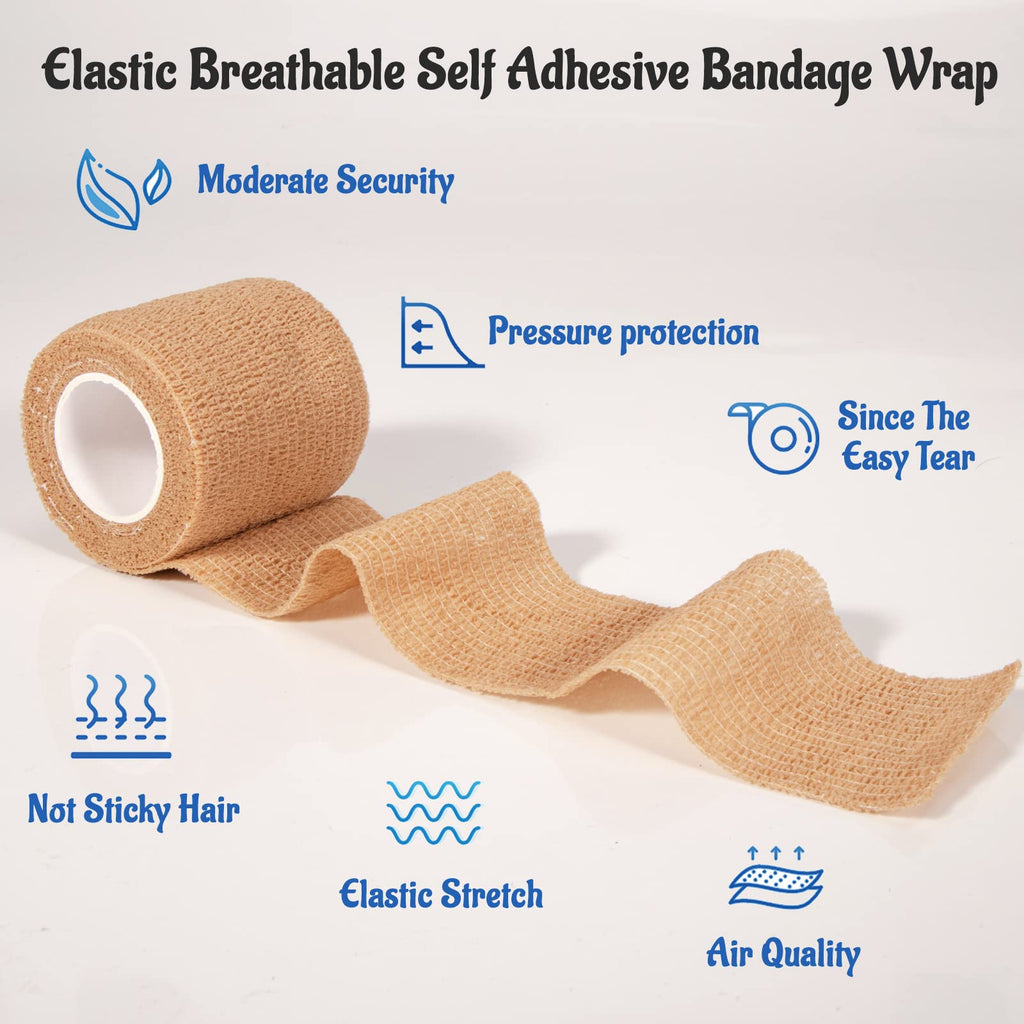 24 Pack Self Adherent Cohesive Bandage Wrap, 2    x 5 Yards Stretch Non Woven Self Adhesive Tape - Skin Colour Athletic Elastic
