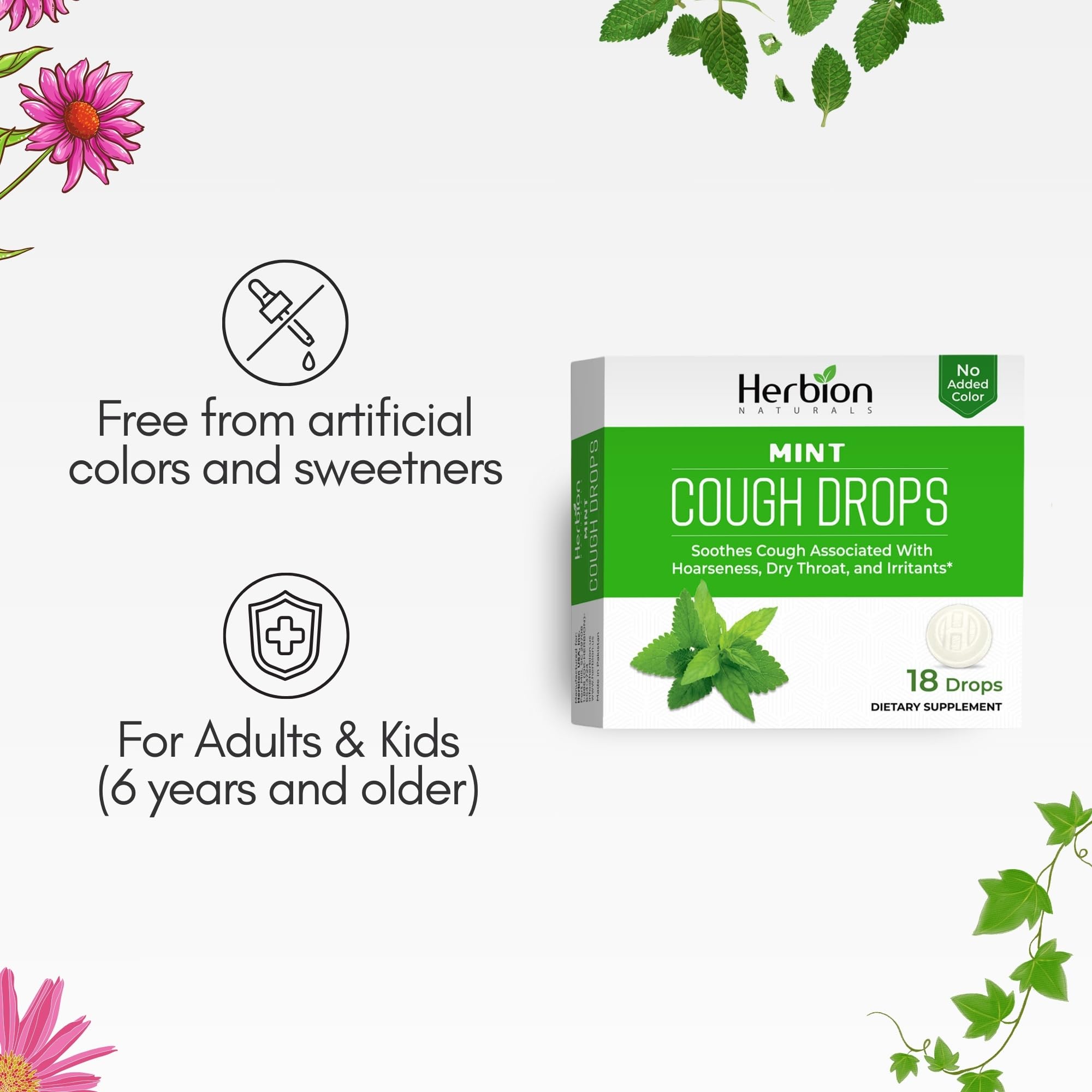 HERBION Naturals Cough Drops with Mint Flavor, Soothes Cough, for Adults and Children Over 6 Years, 18 Drops, No Artificial Flav