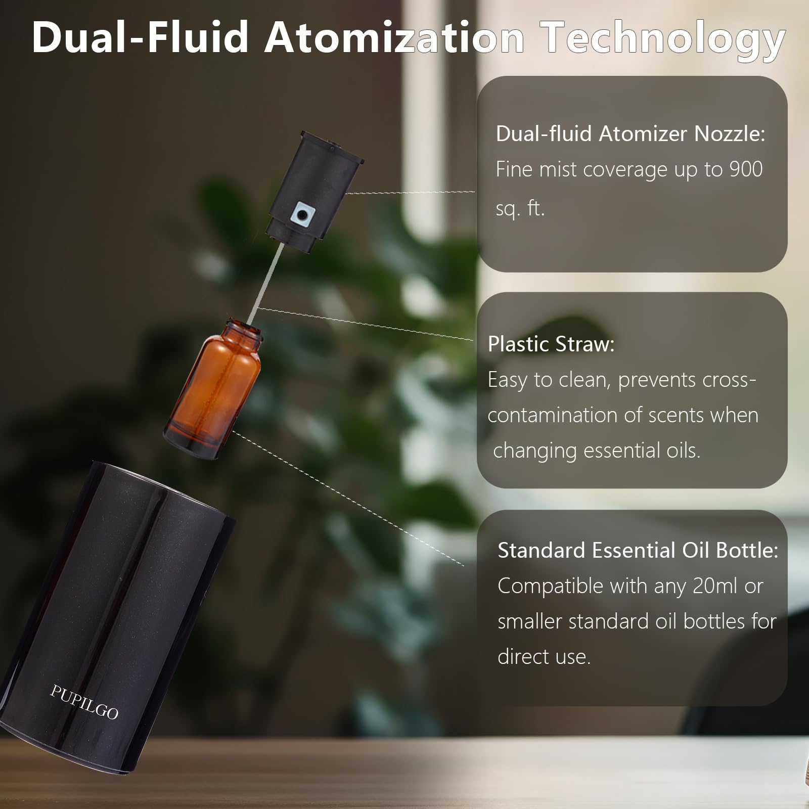 PUPILGO Black Waterless Essential Oil Diffuser Portable Aromatherapy Nebulizer Cordless Mini Scent Machine 20ml Capacity Quiet 3