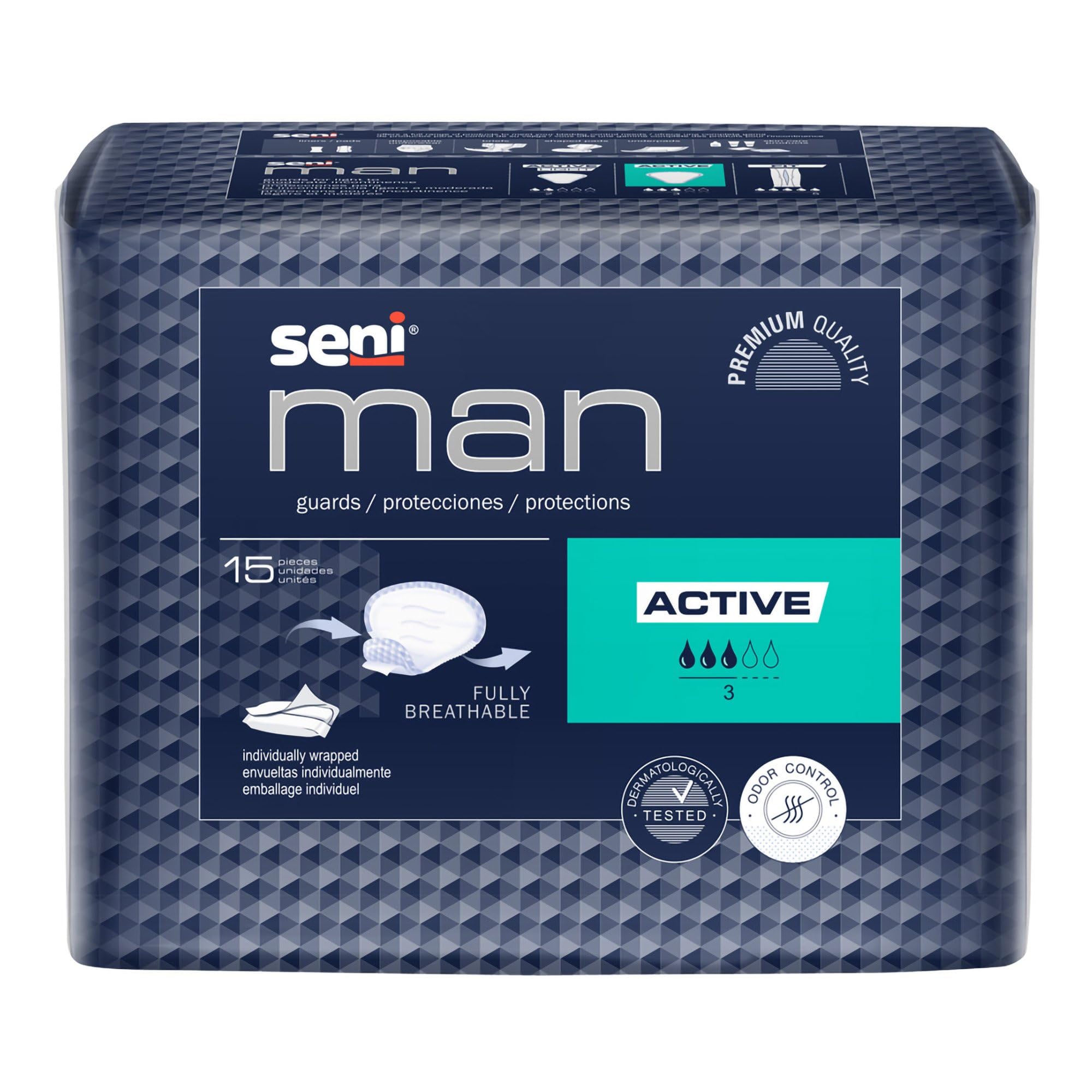 Seni Man Active Male Incontinent Pad Cup Shape 8-9/10 X 10-3/5 Inch S-A015-US1, 90 Ct