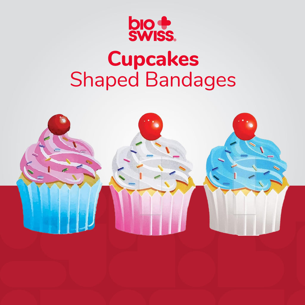 BioSwiss Bandages, Cupcake Shaped Self Adhesive Bandage, Latex Free Sterile Wound Care, Fun First Aid Kit Supplies for Kids, 24