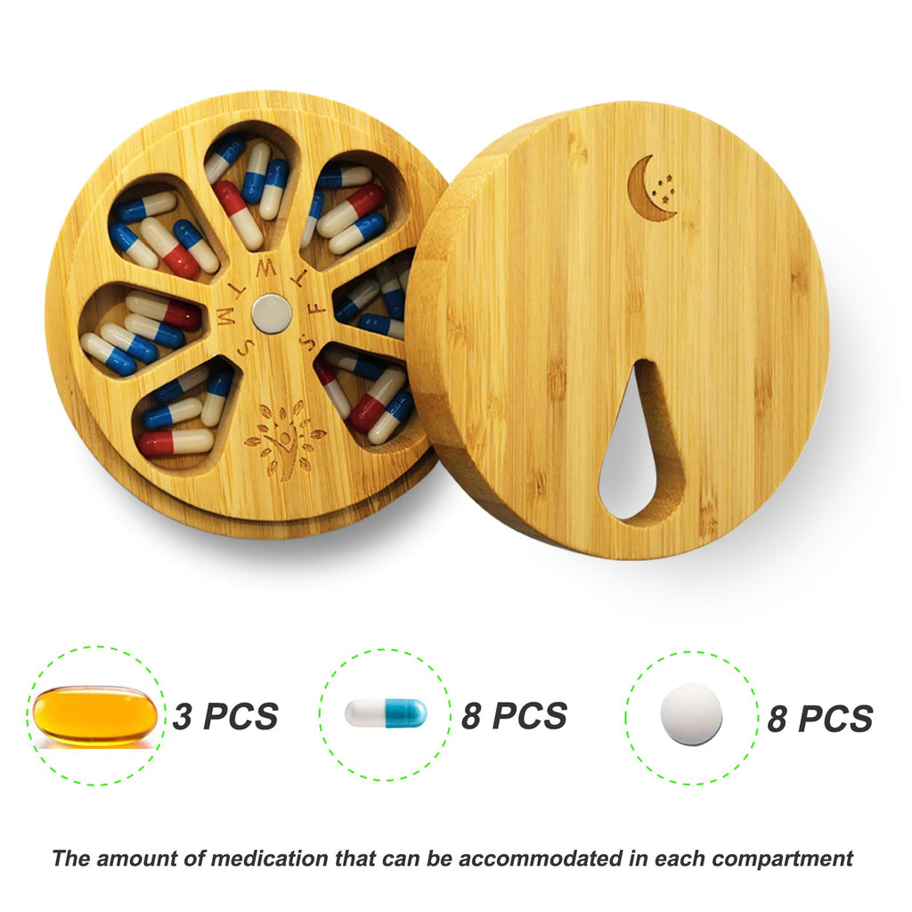 AM&PM Set of 2 Bamboo Wood Pill Organizer for Medicine Vitamin 2 Times a Day, Arthritis Friendly 7-Day Pill Box Medium Container