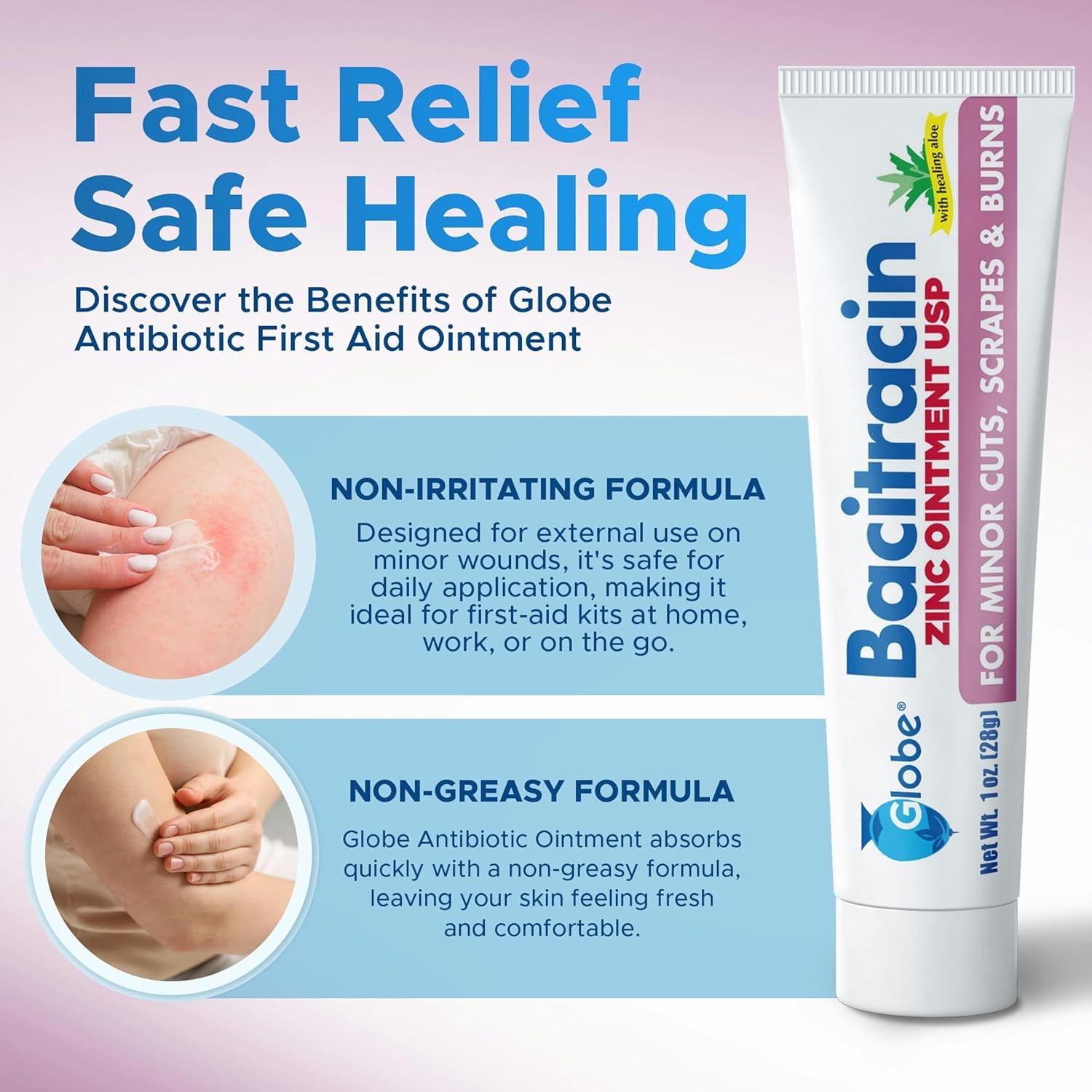 (4 Pack) Globe Bacitracin Zinc Ointment + Aloe 1oz, Antibiotic Ointment, Essential Antibiotic First Aid Supplies, Healing Action