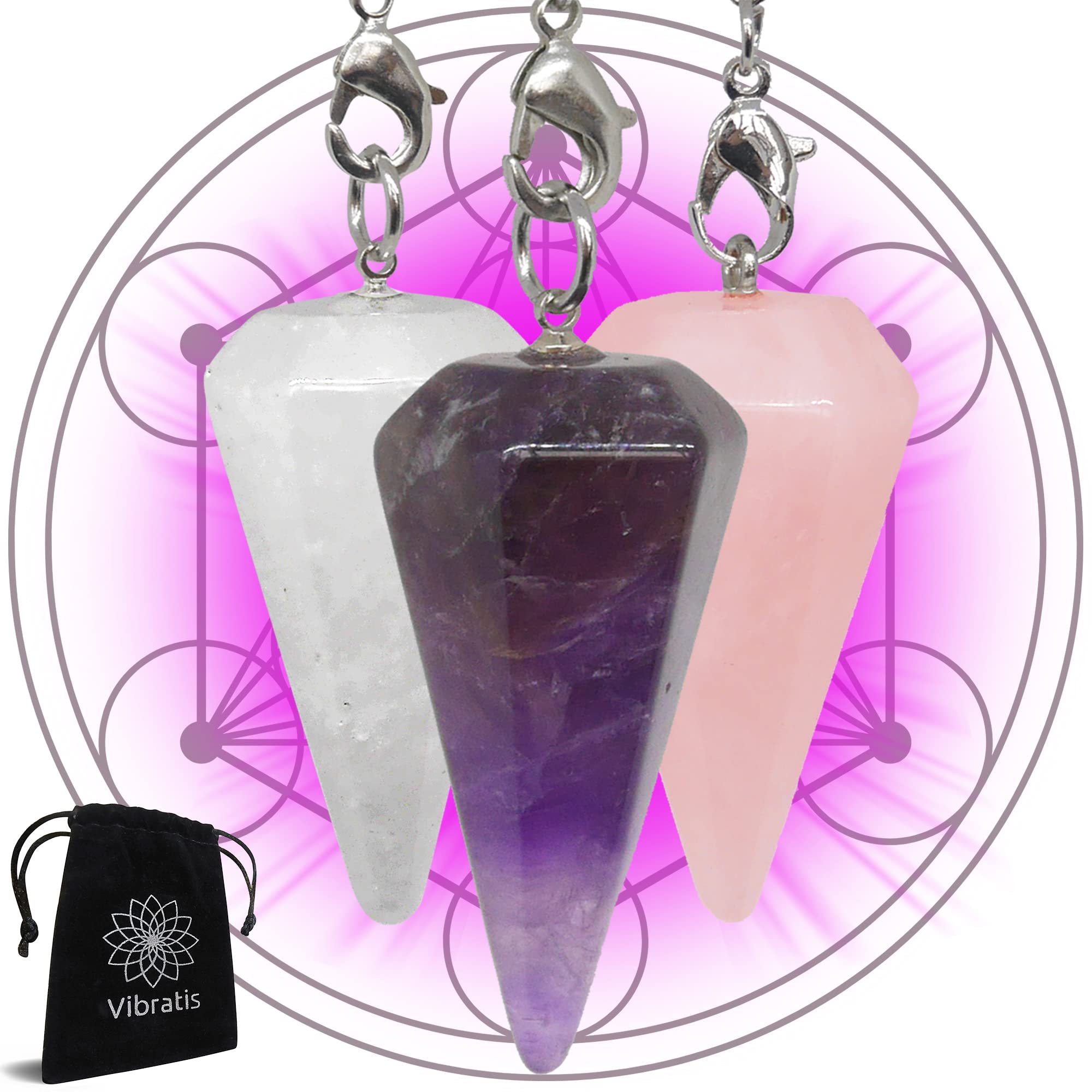 Dowsing Crystal Pendulum - Pack x3 Amethyst, Rock Crystal and Rose Quartz
