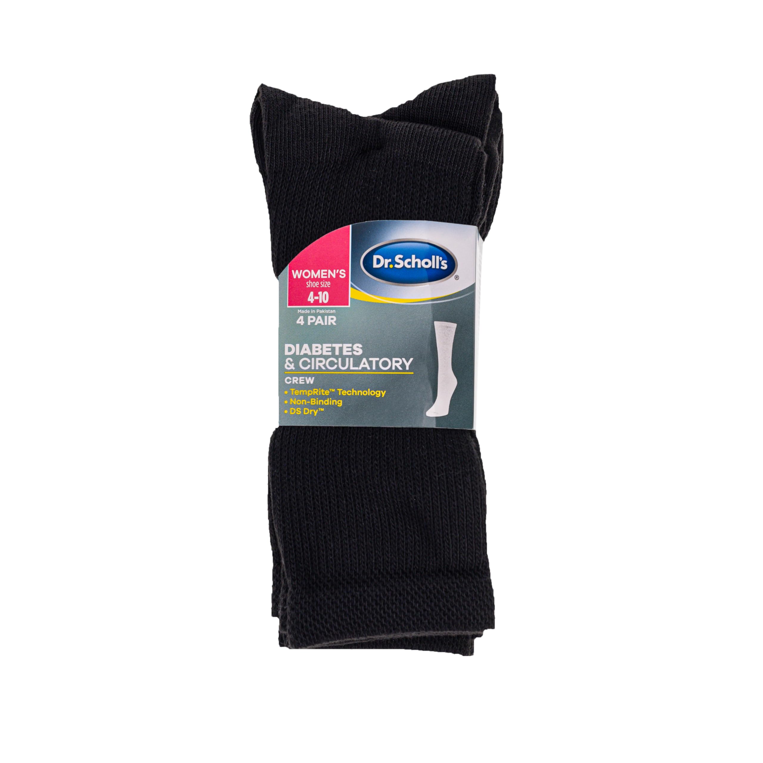 Dr. Scholl's Women's Guaranteed Comfort Diabetic and Circulatory crew 4 Pack Socks,Black, 4-10