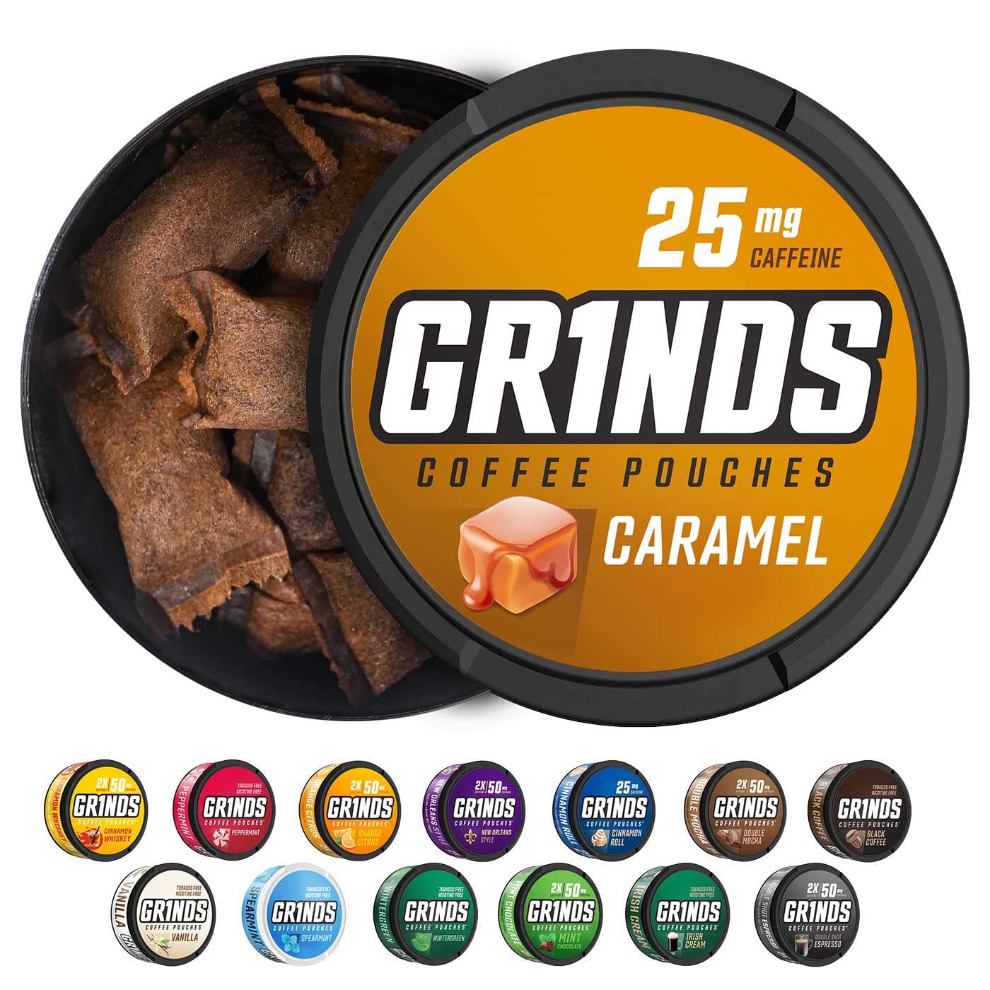 Grinds Coffee Pouches | Tobacco Free, Nicotine Free Healthy Alternative | 6 Cans of Caramel | 18 Pouches Per Can | 1 Pouch eq. 1