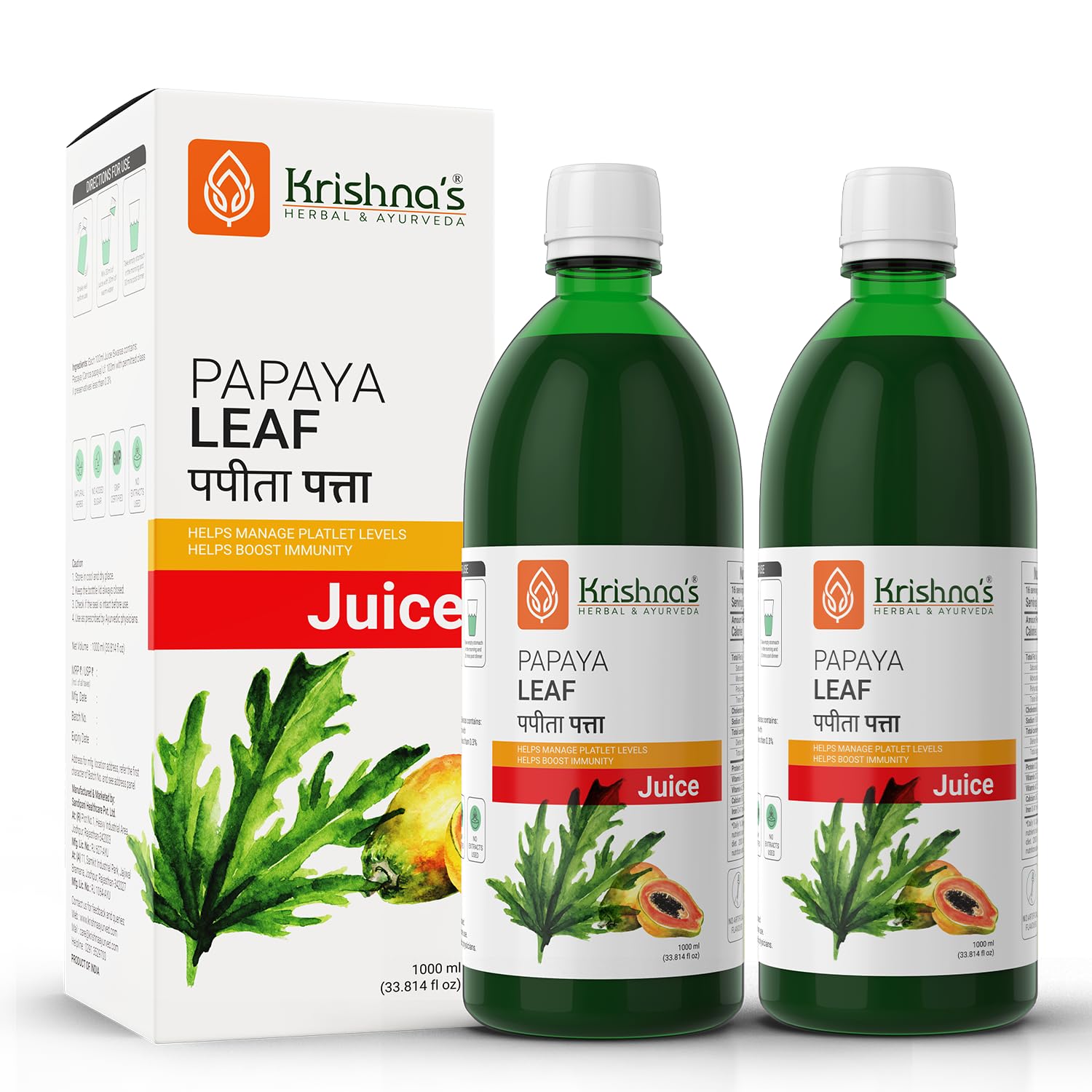 KrishnaS Papaya Leaf Juice  1000 Ml | Fresh Papaya Leaves | Helps To Platelets Count  (Pack Of 2)