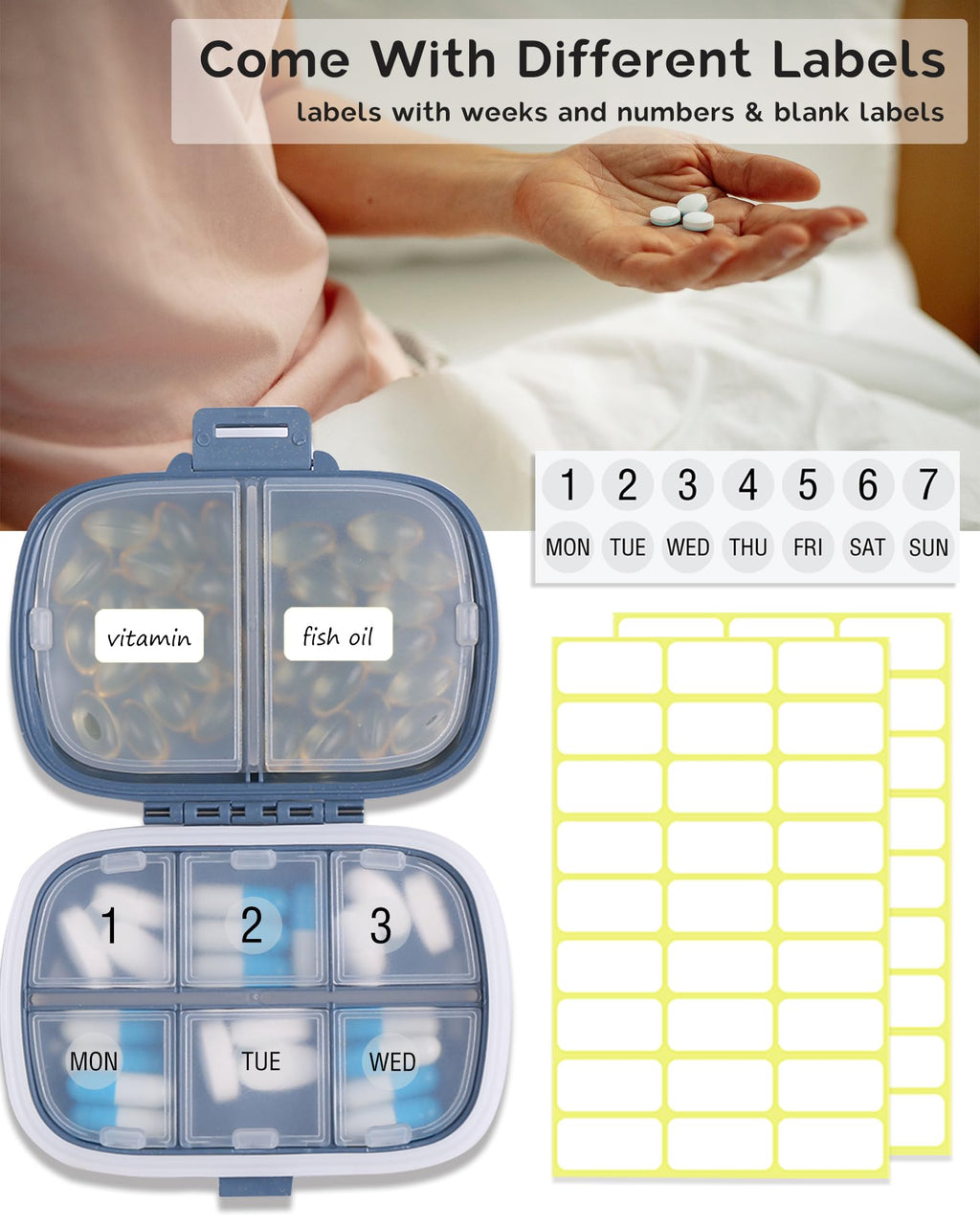 MEACOLIA Travel Pill Organizer, 1 Pack 8 Compartments Daily Pill Case Small Pill Box for Pocket Purse, Portable Pill Container M