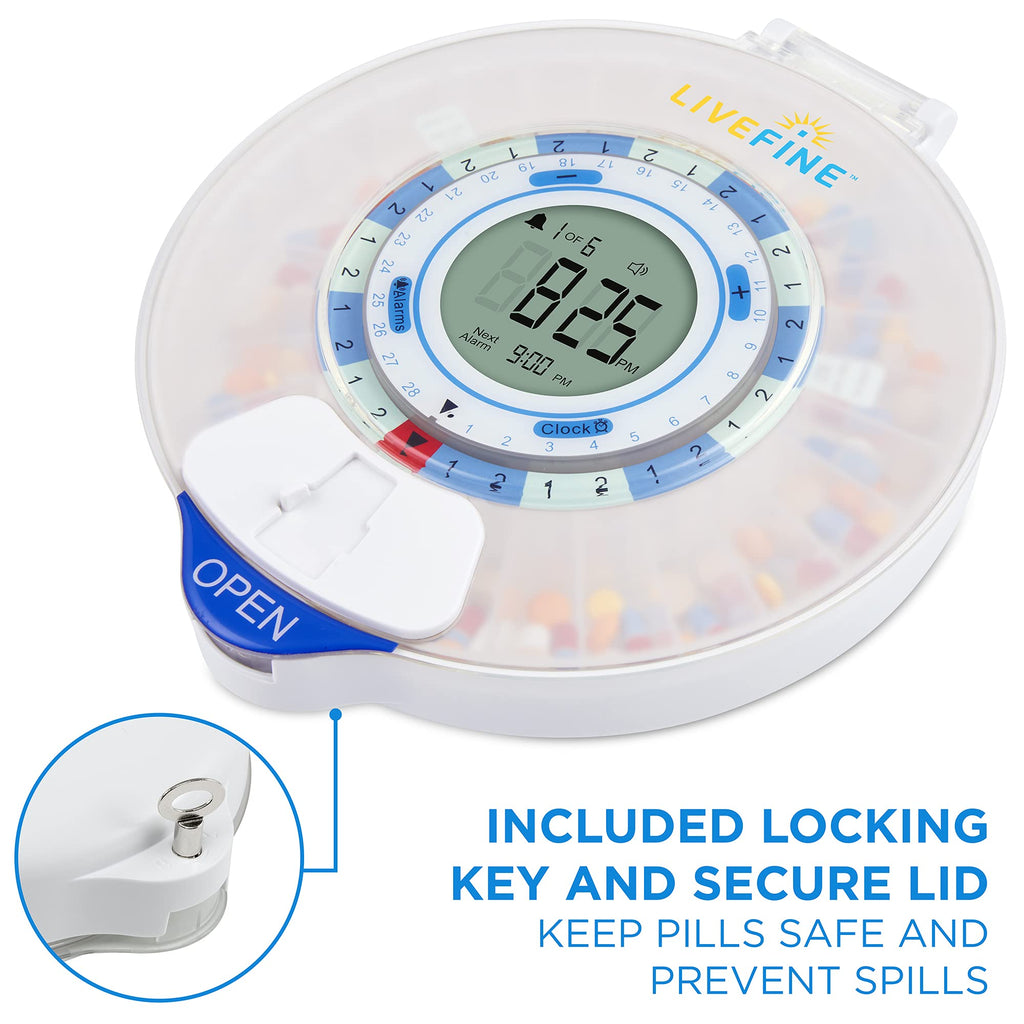 LiveFine Smart WiFi Automatic Pill Dispenser | 28-Day Medication Organizer Up to 9 Doses Per Day for Care Monitoring with Lockin