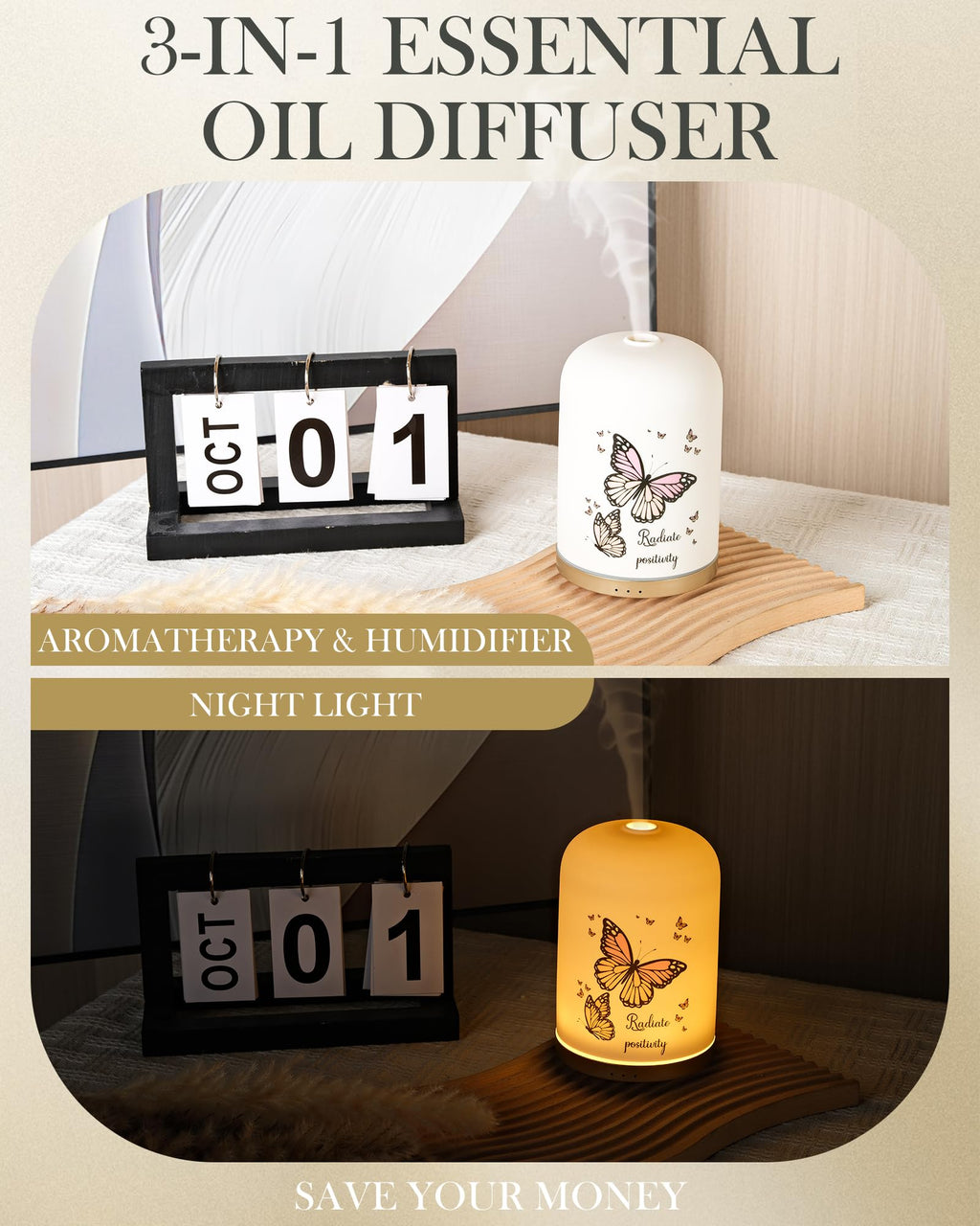 110ML Essential Oil Diffuser, Ceramic Diffusers for Essential Oils Large Room, Fragrance Aroma Diffuser with USB Cable, Warm Nig
