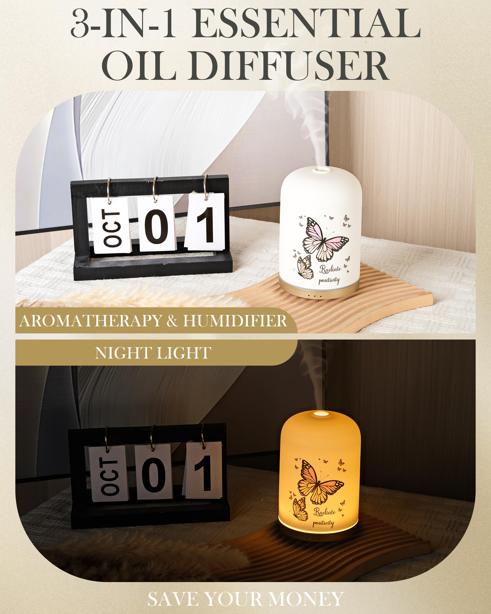 110ML Essential Oil Diffuser, Ceramic Diffusers for Essential Oils Large Room, Fragrance Aroma Diffuser with USB Cable, Warm Nig