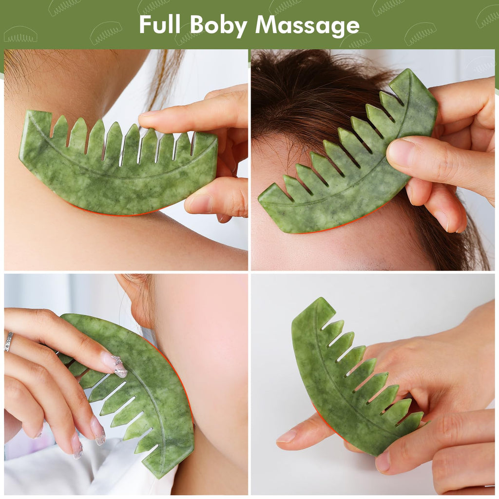 airogym 2pcs Natural Jade Massage Comb, Guasha Scraping Scalp Comb, Multi-Functional Handheld Scalp Massage Tools for Head Carin