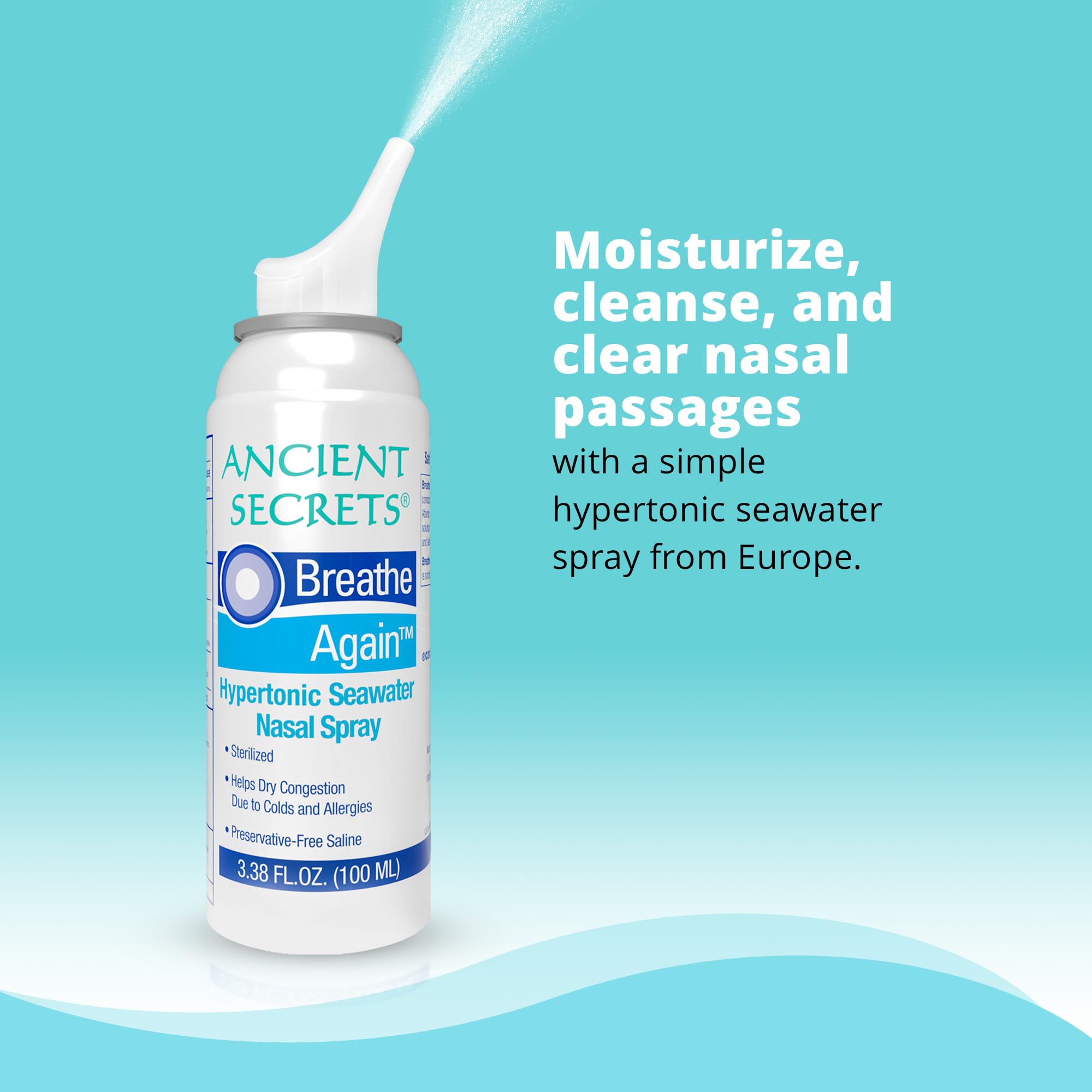 ANCIENT SECRETS Saline Nasal Spray - Breath Again Hypertonic Seawater Nasal Spray, Allergy & Sinus Relief, Nasal Congestion Mois