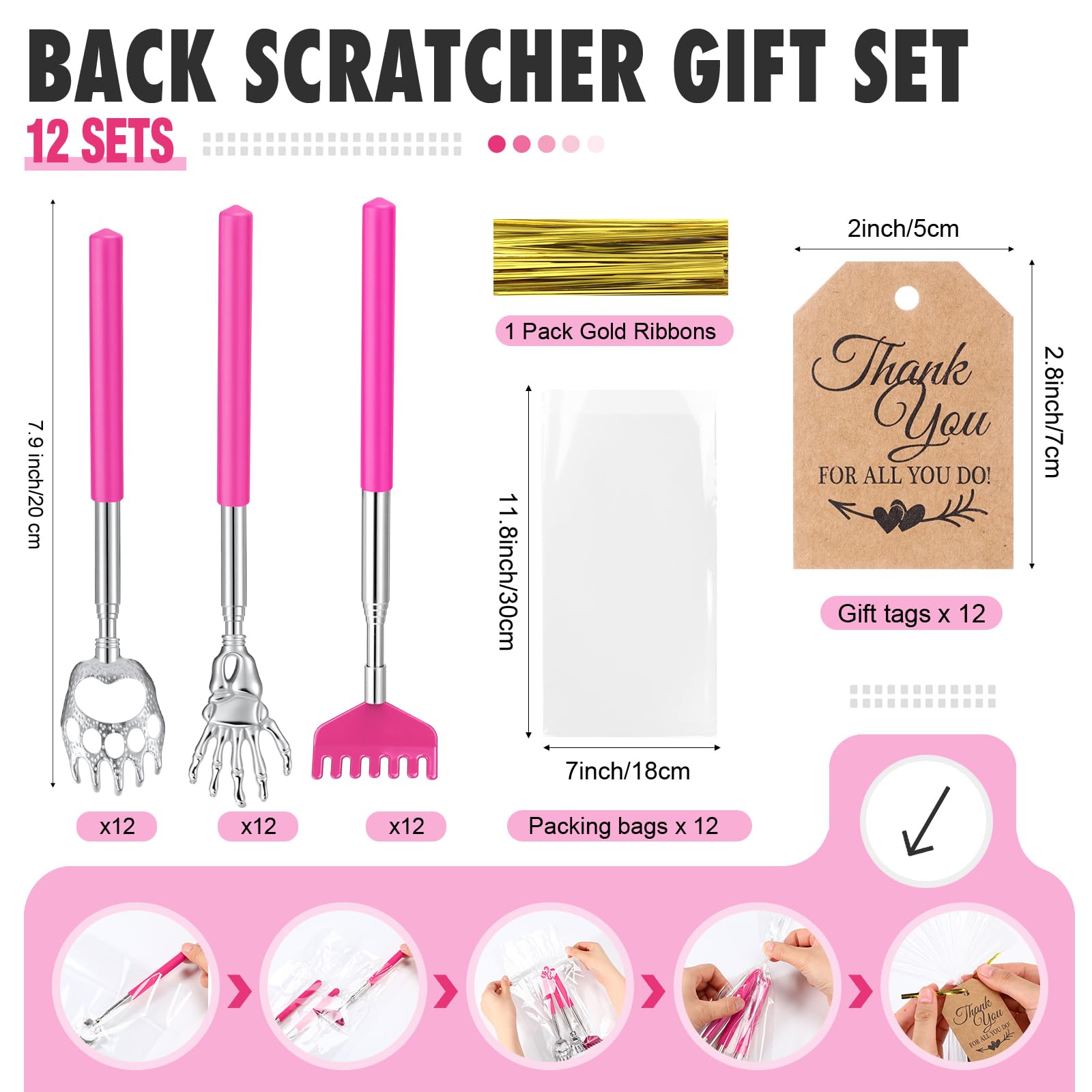Funnymoom 60 Pcs Massage Gifts for Men Women Back Scratcher with Rubber Handles Metal Extendable Back Scratchers with Gift Tags