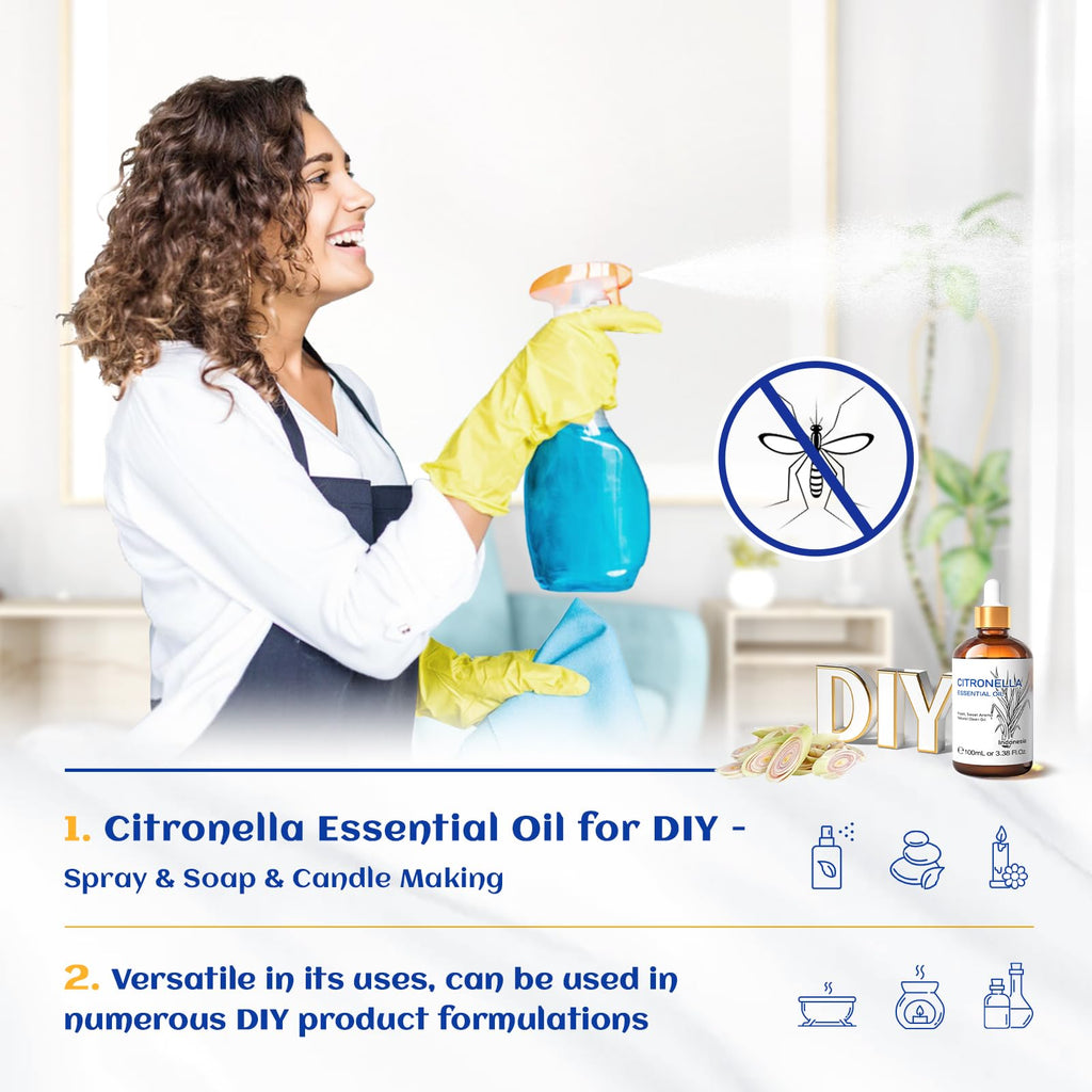 HIQILI 100ML Citronella Essential Oil for Homemade Sprays, Add to Diffuser 100% Pure and Natural Undiluted 3.38 Fl Oz