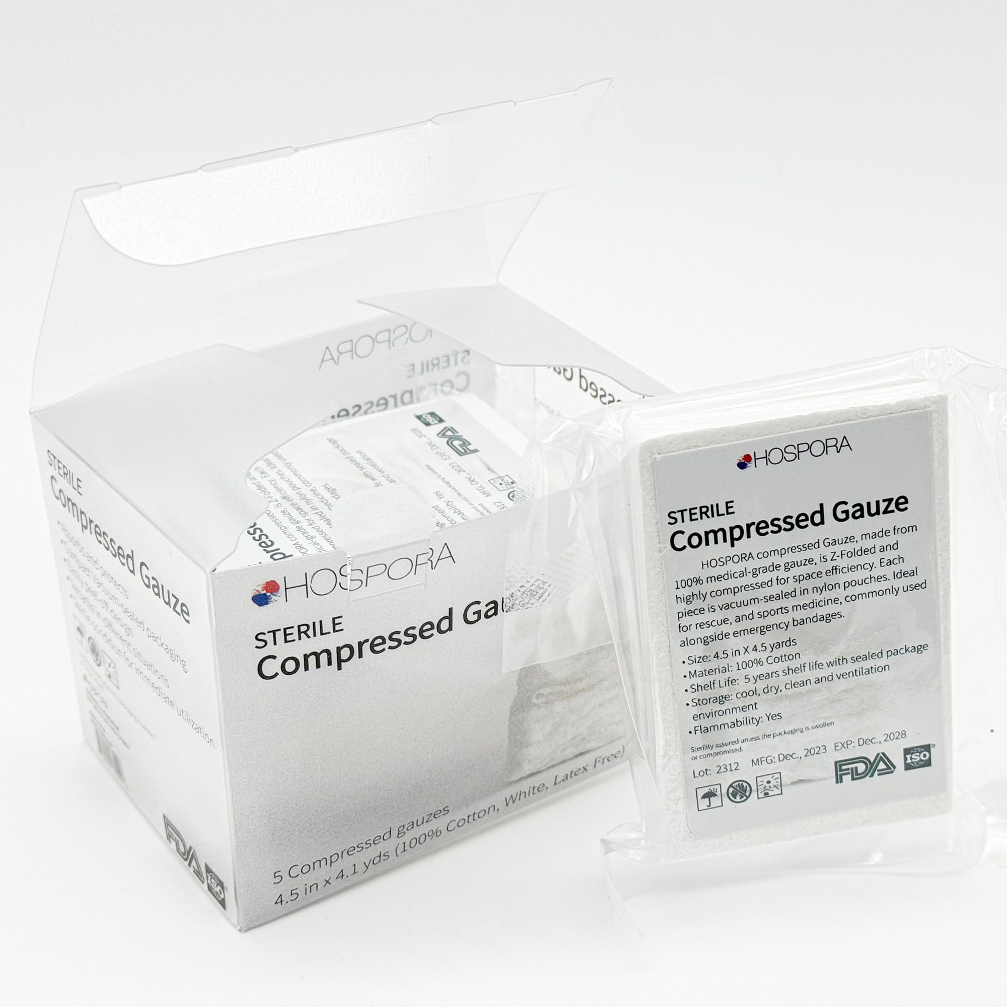 HOSPORA 100% Cotton Z Folded Sterile Compressed Gauze, 4.5 in x 4.1 Yards, First Aid and Emergency Kit Gauze Pads(Pack of 5)