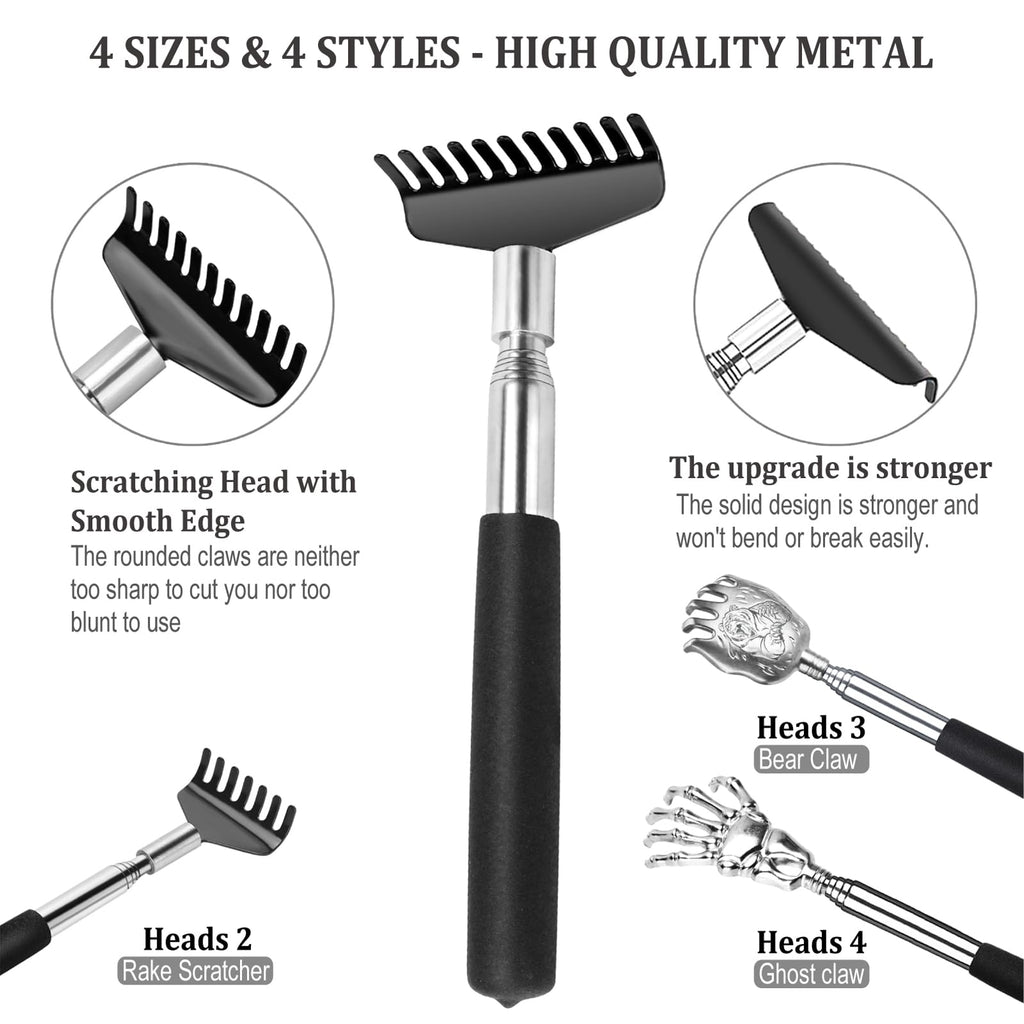Oversized Back Scratcher Gift Set, 4 Pack Portable Extendable Stainless Steel Telescoping Massage Tool, Gift/Stocking Stuffers f
