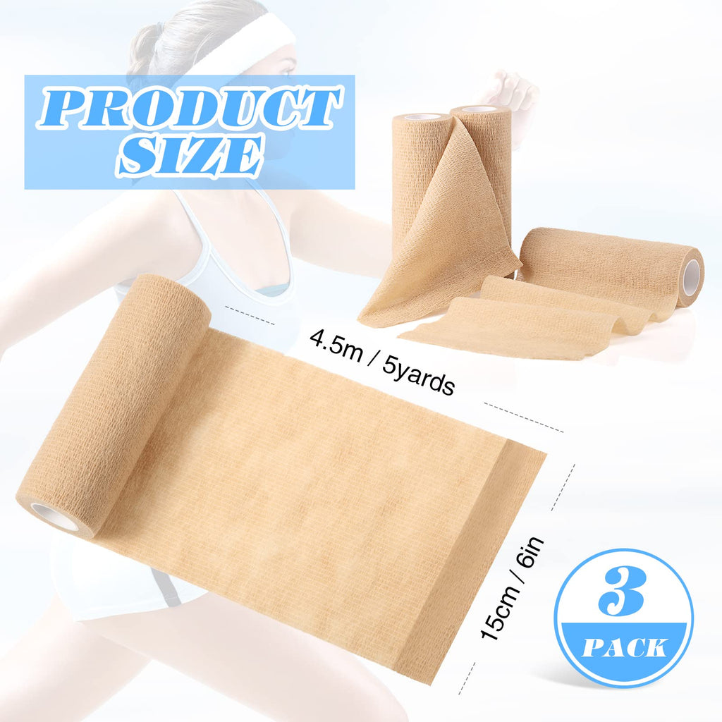 3 Pcs Self Adhesive Cohesive Wrap Bandages 6 Inches x 5 Yards Brown Non Woven Athletic Tape Breathable Self Adherent Bandage Wra