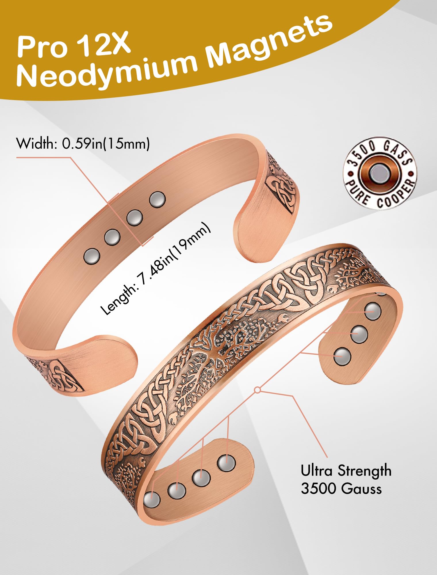 Feraco Copper Magnetic Bracelets for Men Women with Strong Magnets, Tree of Life Pattern, 99.99% Pure Solid Copper Cuff Bangle,