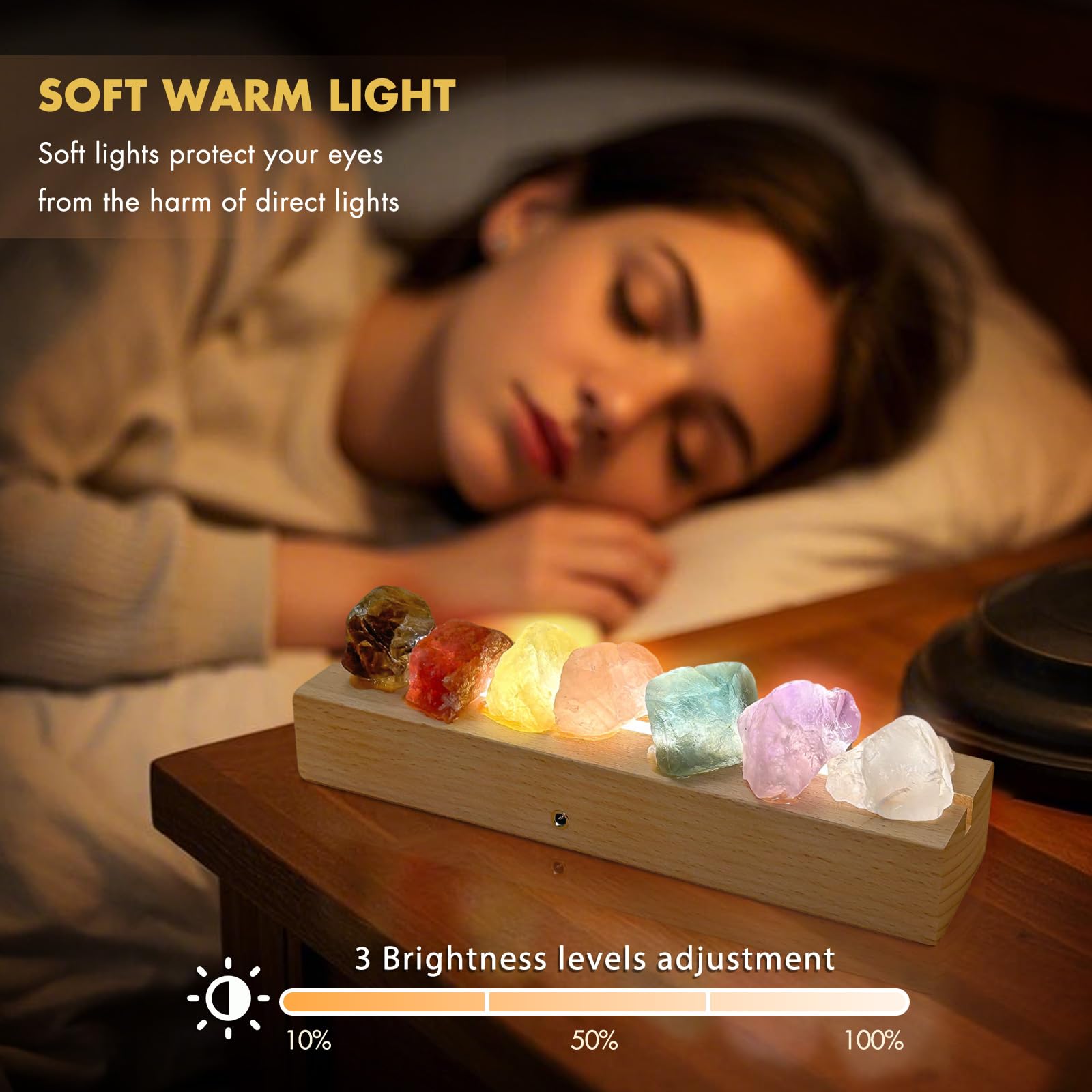 HYAMVOR Healing Crystal Night Light,7 Chakra Natural Bedside Lamp with Wooden LED Light Base,Healing Stones Positive Energy Nigh