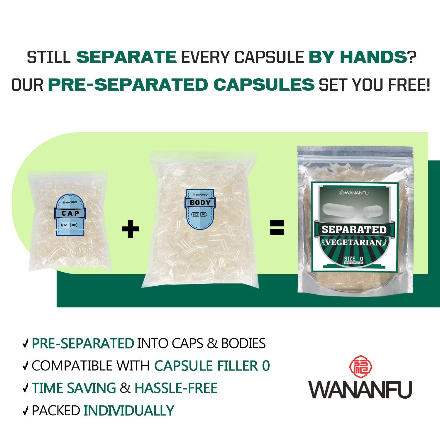 wananfu Pre-Separated Empty Capsules 0 Vegetarian (1000 Count), Clear Fillable Veggie Pill Capsules Size 0 for Making Your Own S