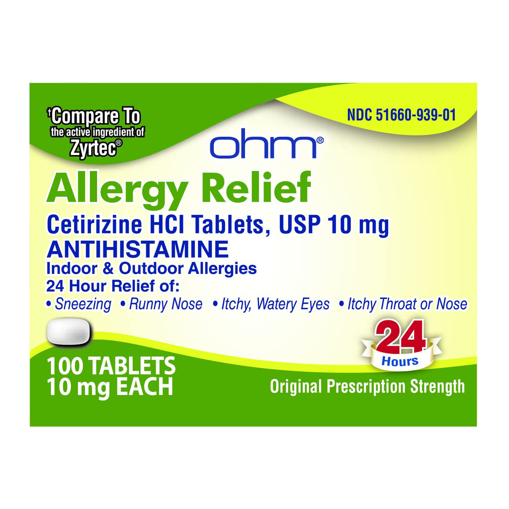 Ohm 24-Hour Allergy Medicine (100-Count) Antihistamine for Pollen, Hay Fever, Dry, Itchy Eyes, Allergies | Cetirizine HCl 10mg T