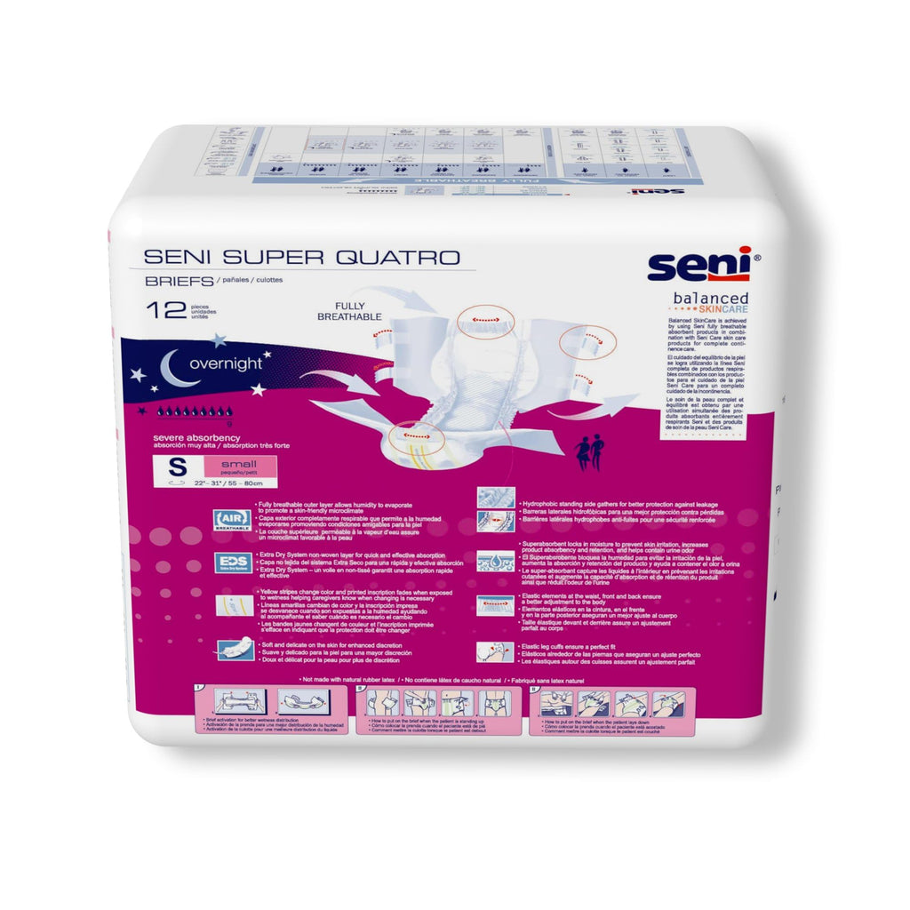 Seni Super Quatro Adult Incontinence Brief S Heavy Absorbency Breathable/Overnight, S-SM12-BQ1, Severe, 48 Ct