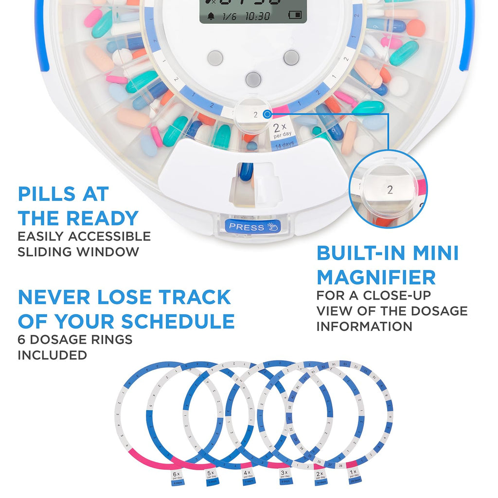 LiveFine Automatic Pill Dispenser with 28-Day Electronic Medication Organizer, 6 Dosage Rings, LCD Display with Sound & Light Al