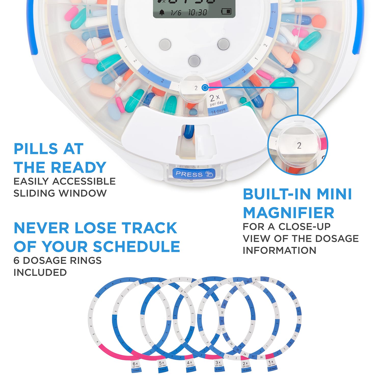 LiveFine Automatic Pill Dispenser with 28-Day Electronic Medication Organizer, 6 Dosage Rings, LCD Display with Sound & Light Al