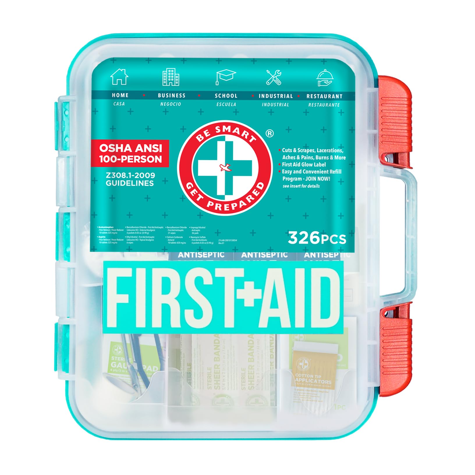 Be Smart Get Prepared First Aid Kit, Teal, 326 Piece, Exceeds OSHA and ANSI Guidelines 100 People - Office, Home, Car, School, E