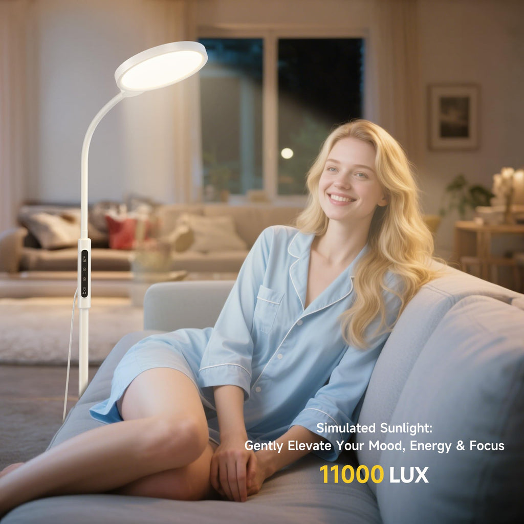 Happy Light Therapy Lamp, 11000 Lux UV-Free Floor Sun Light Lamp with Touch Remote Control, 5 Color Temperatures 10 Brightness L