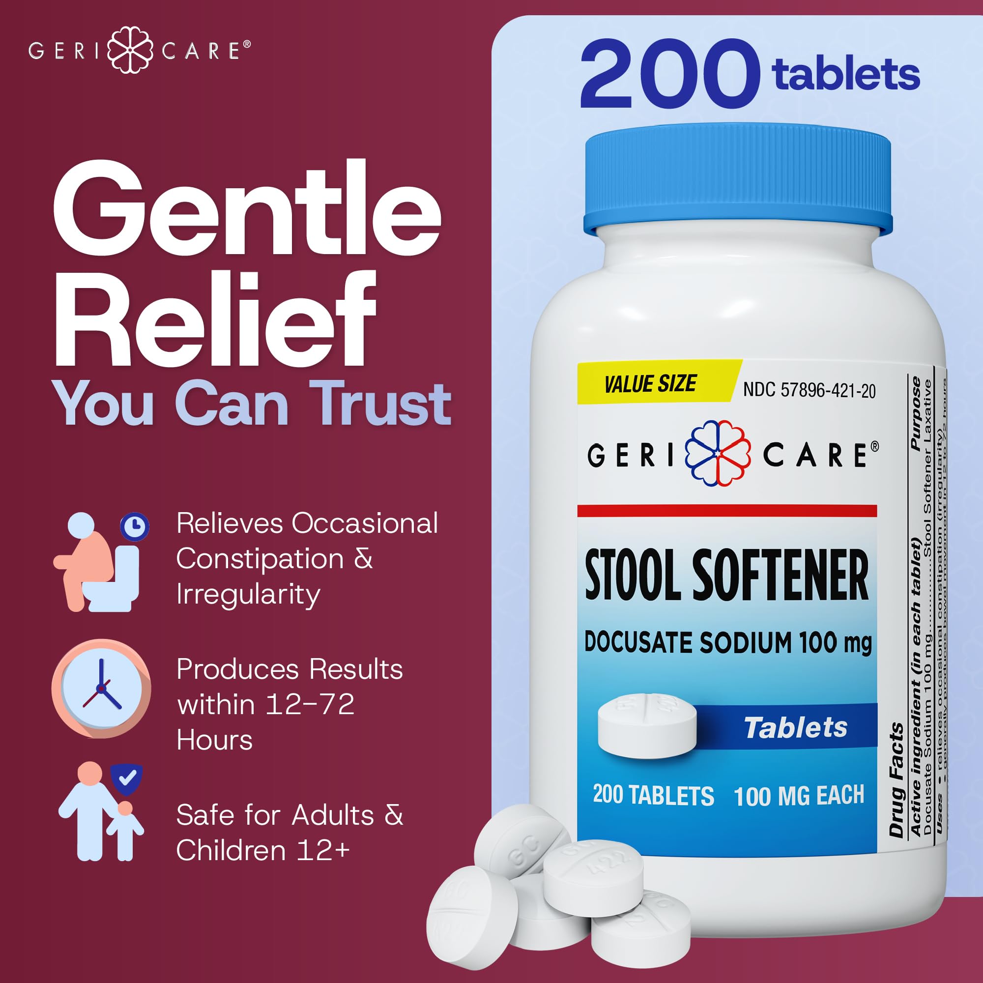 GeriCare Docusate Sodium Stool Softeners, Best Stool Softener for Daily use for Women, Men, and Elderly - Ideal for Constipation