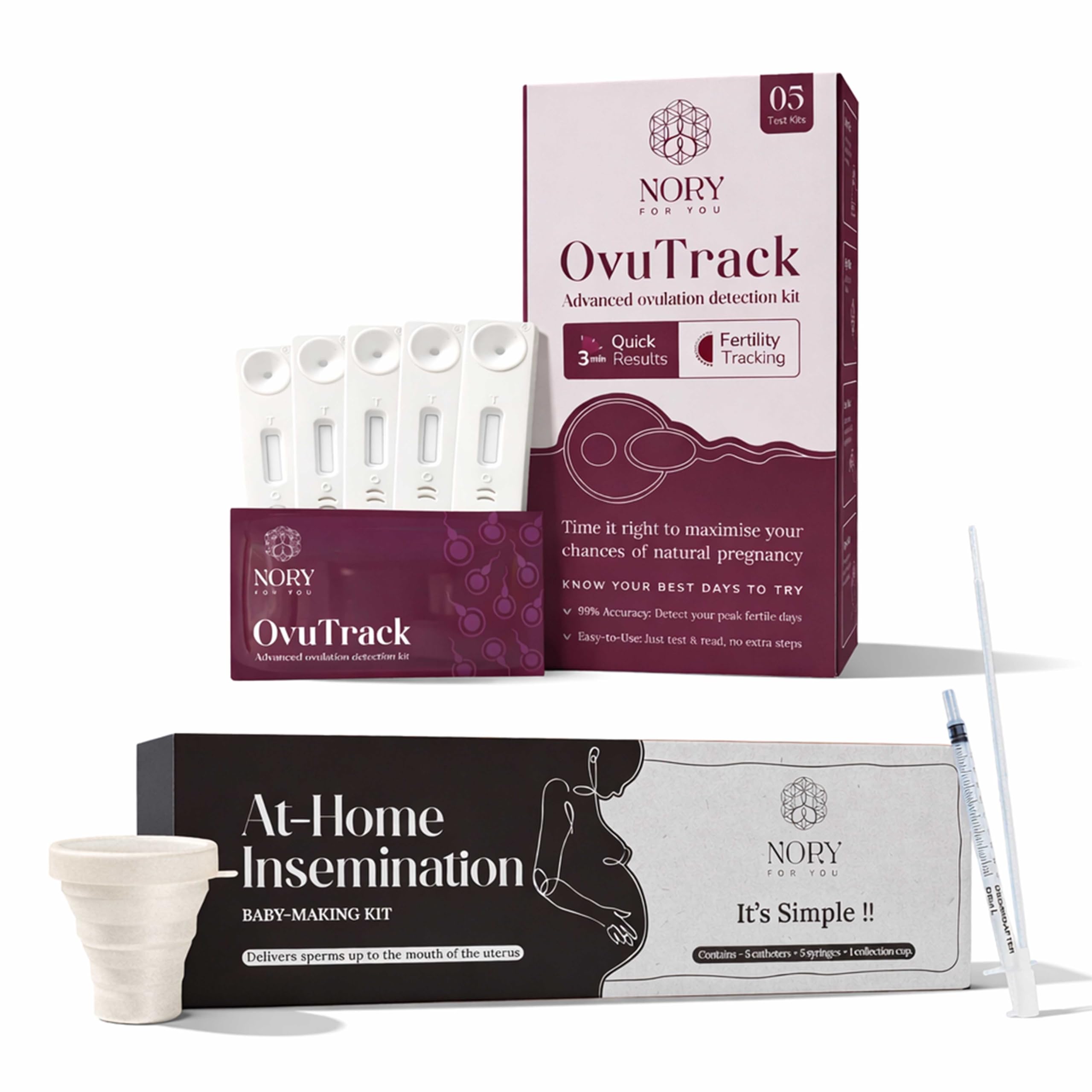 Nory Ovulation Test Kit & Self Insemination Ivi Test Kit For Women Combo (5 Strips Ovulation Kits With 5 Catheters, 5 Syringes, 