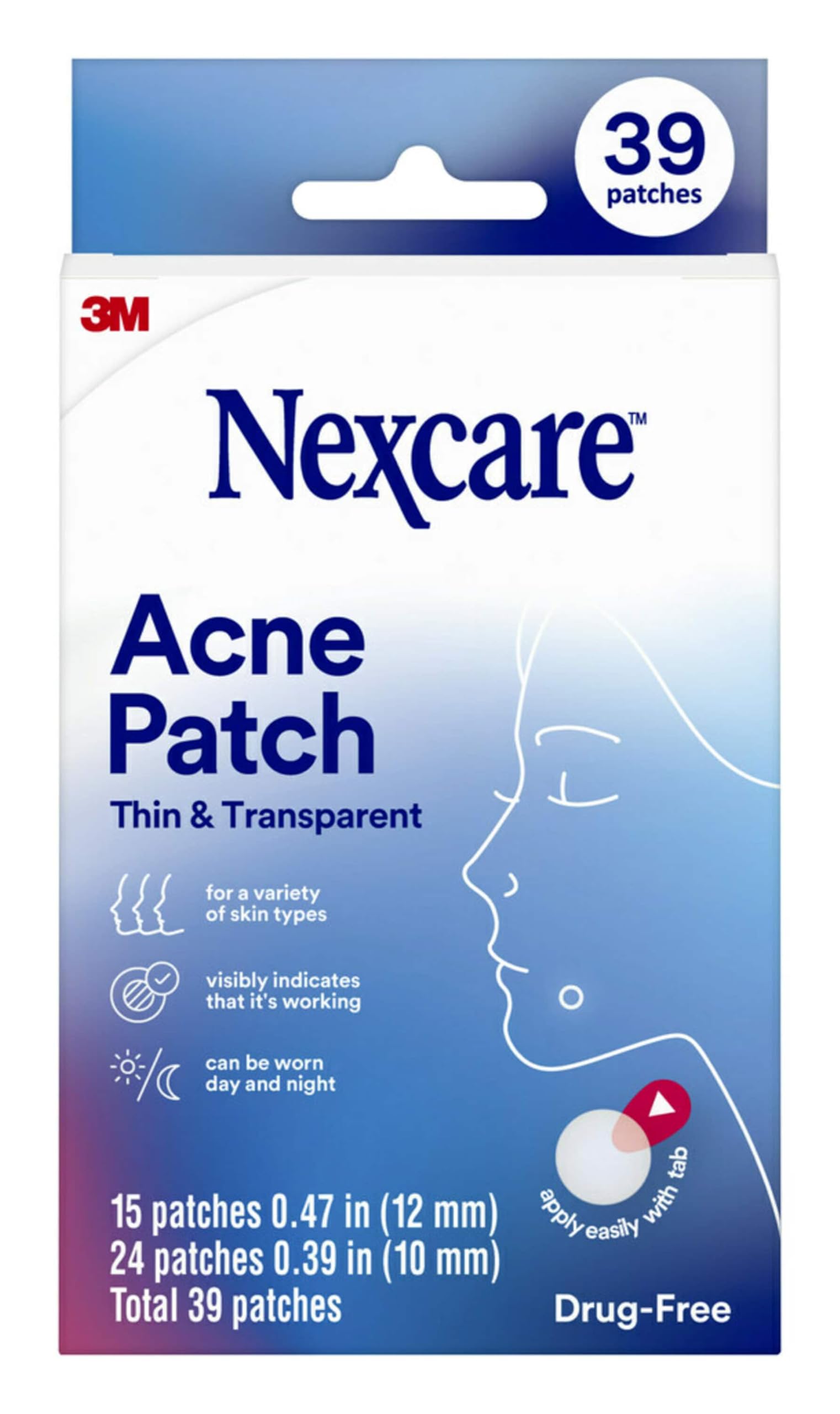 Nexcare Thin and Transparent Acne Patch, Skin Cover Absorbs Pus and Oil from Clogged Pores, made with hydrocolloid, tab allows f