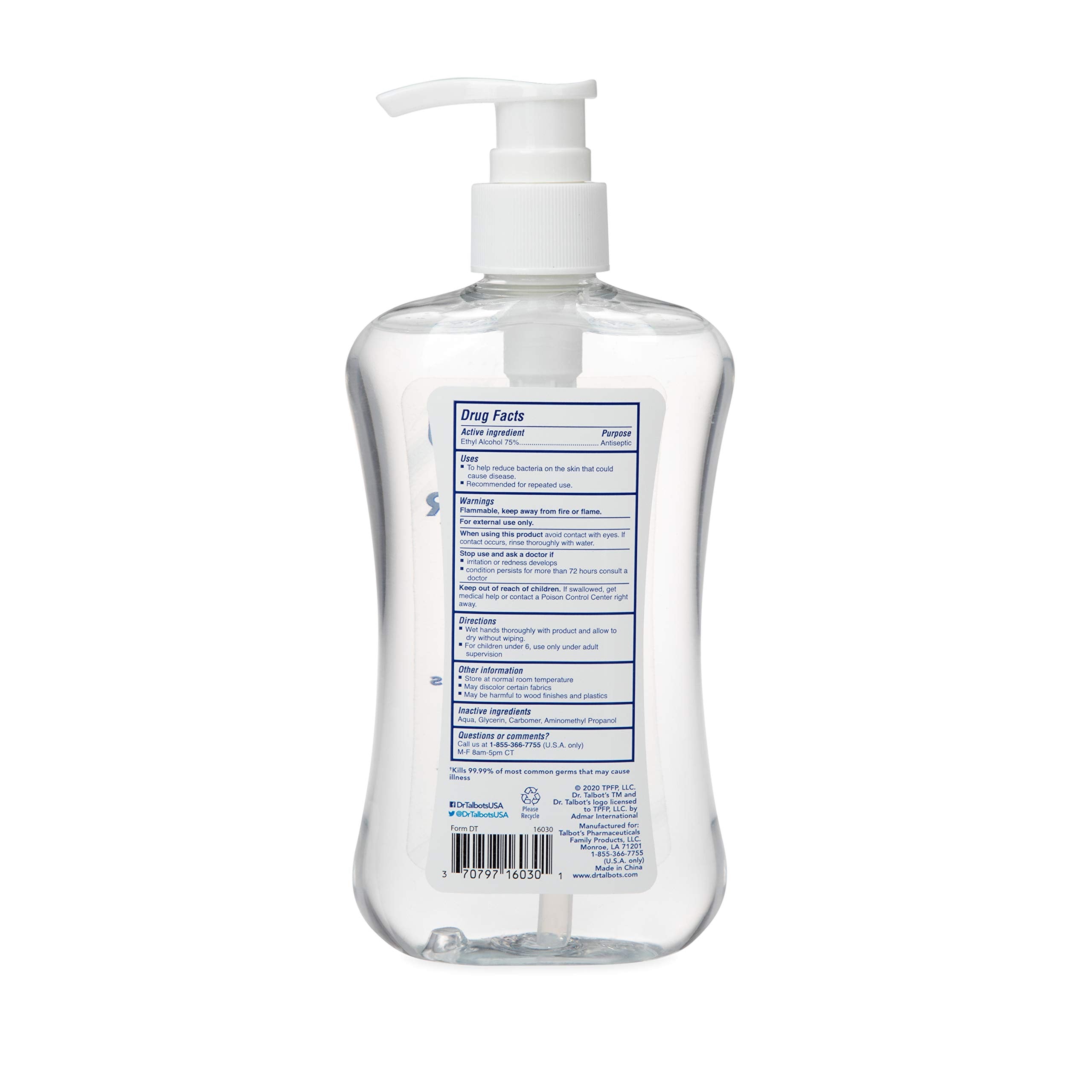 Dr. Talbots Refreshing Gel Hand Sanitizer With Easy Pump, Fragrance Free, 8.5 Fl Oz