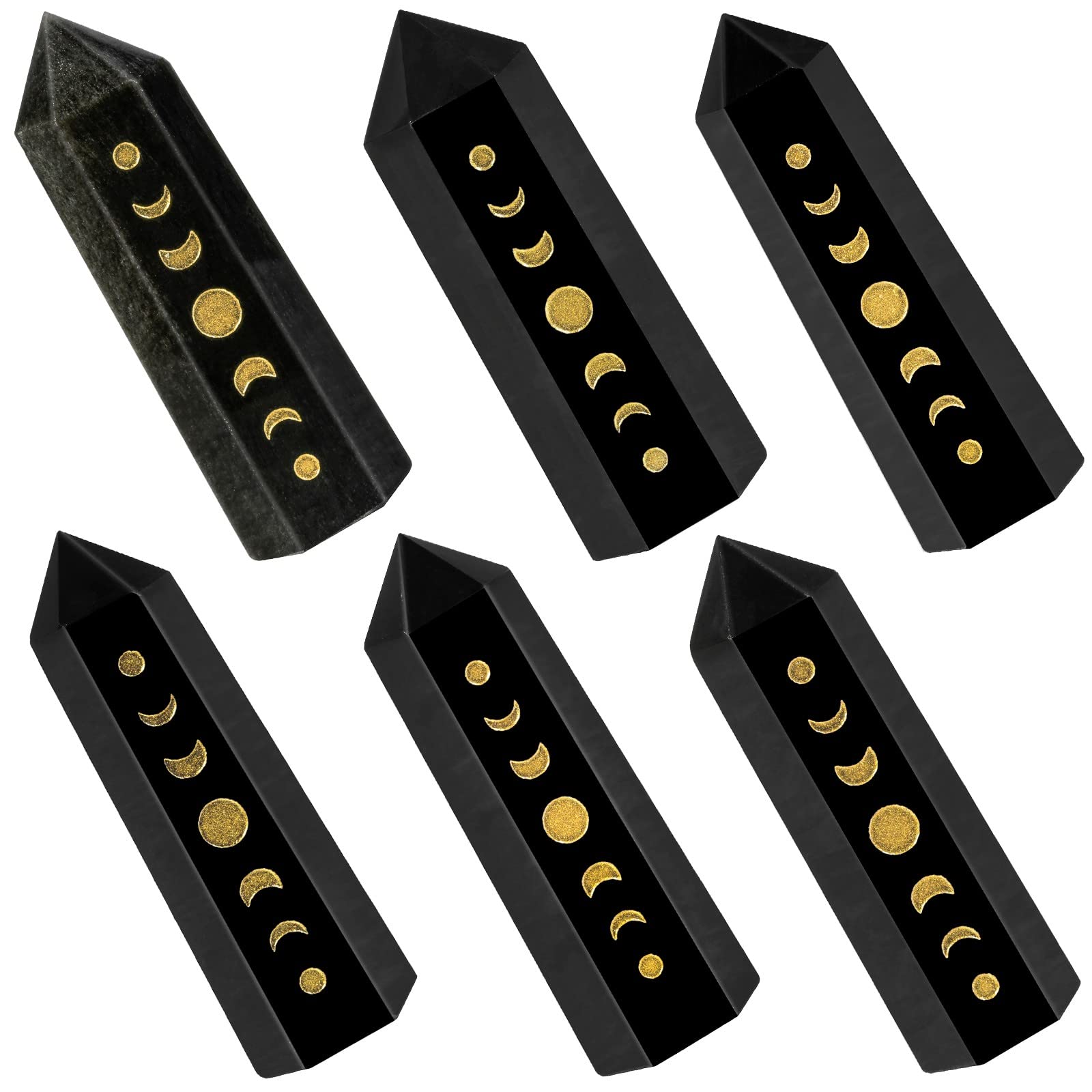 Amogeeli Wicca Moon Phase Black Obsidian Stone Point Wand for Reiki Meditation, 6 Faceted Prism Healing Crystal Decoration for H