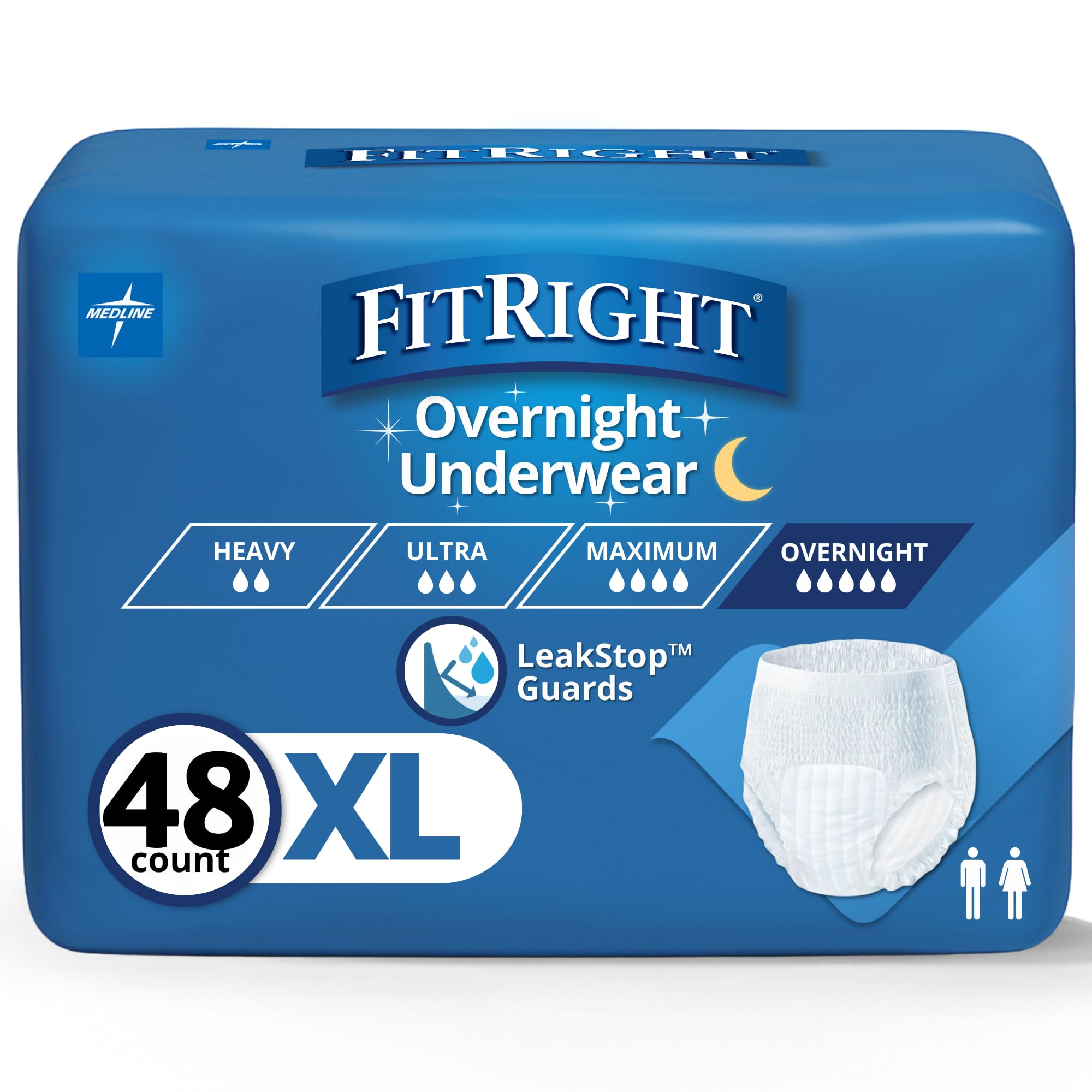 FitRight Overnight Unisex Extra Large Underwear, (56-68 in Waist) 48 Count (4 Bags of 12), Maximum All Night Disposable Incontin
